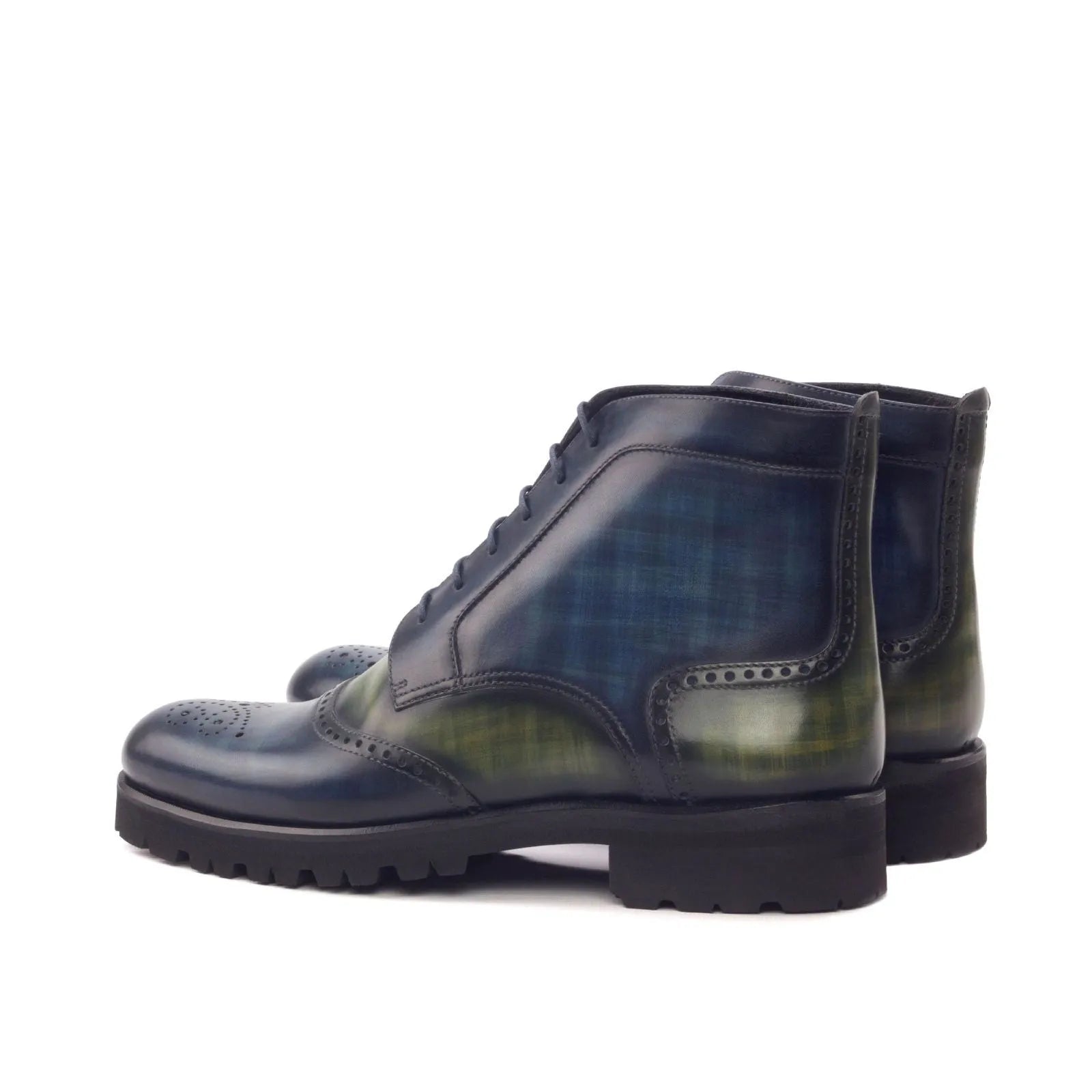 Lidia women’s military brogue boot in blue green plaid with crust patina