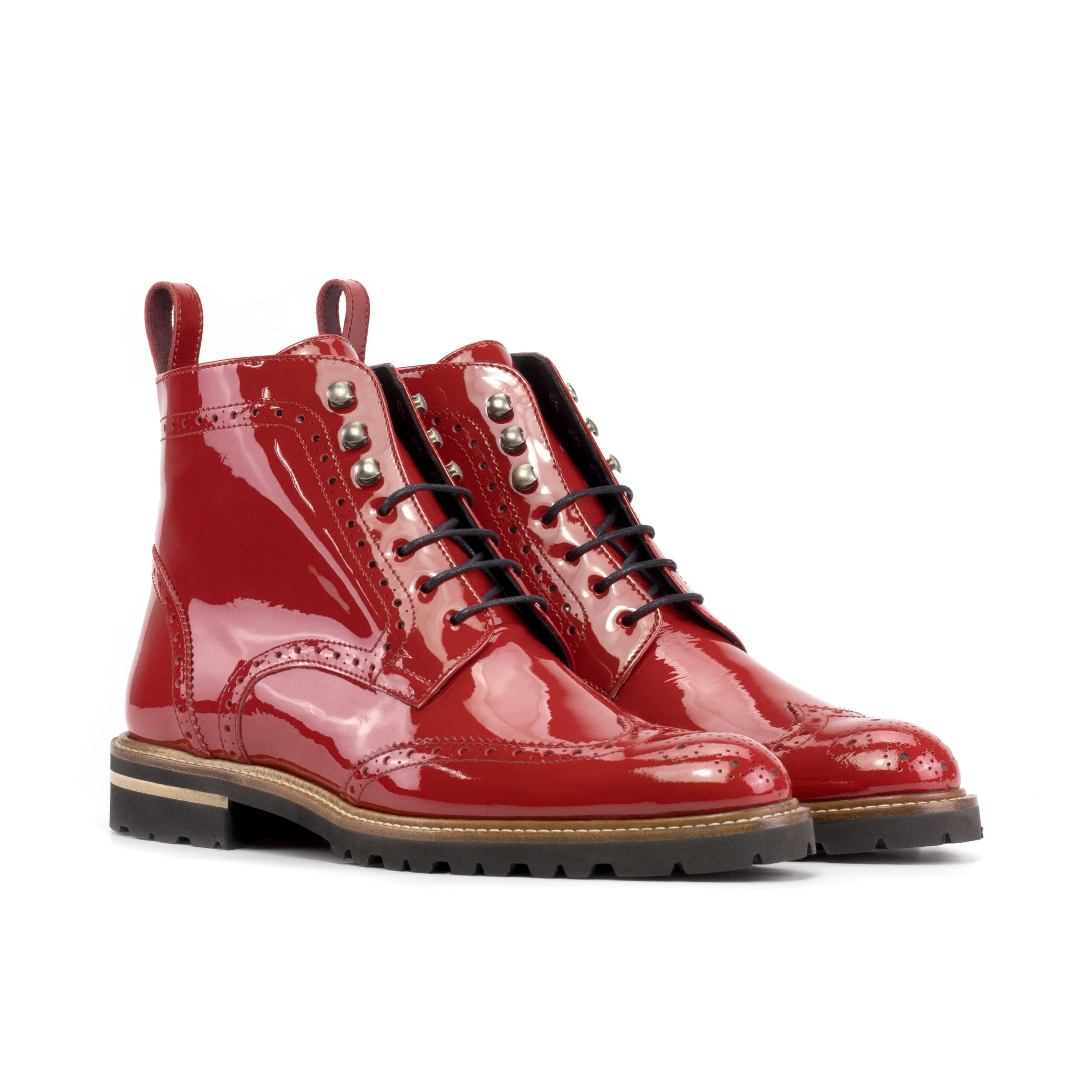 Lila unisex military brogue boots II in red patent leather pair