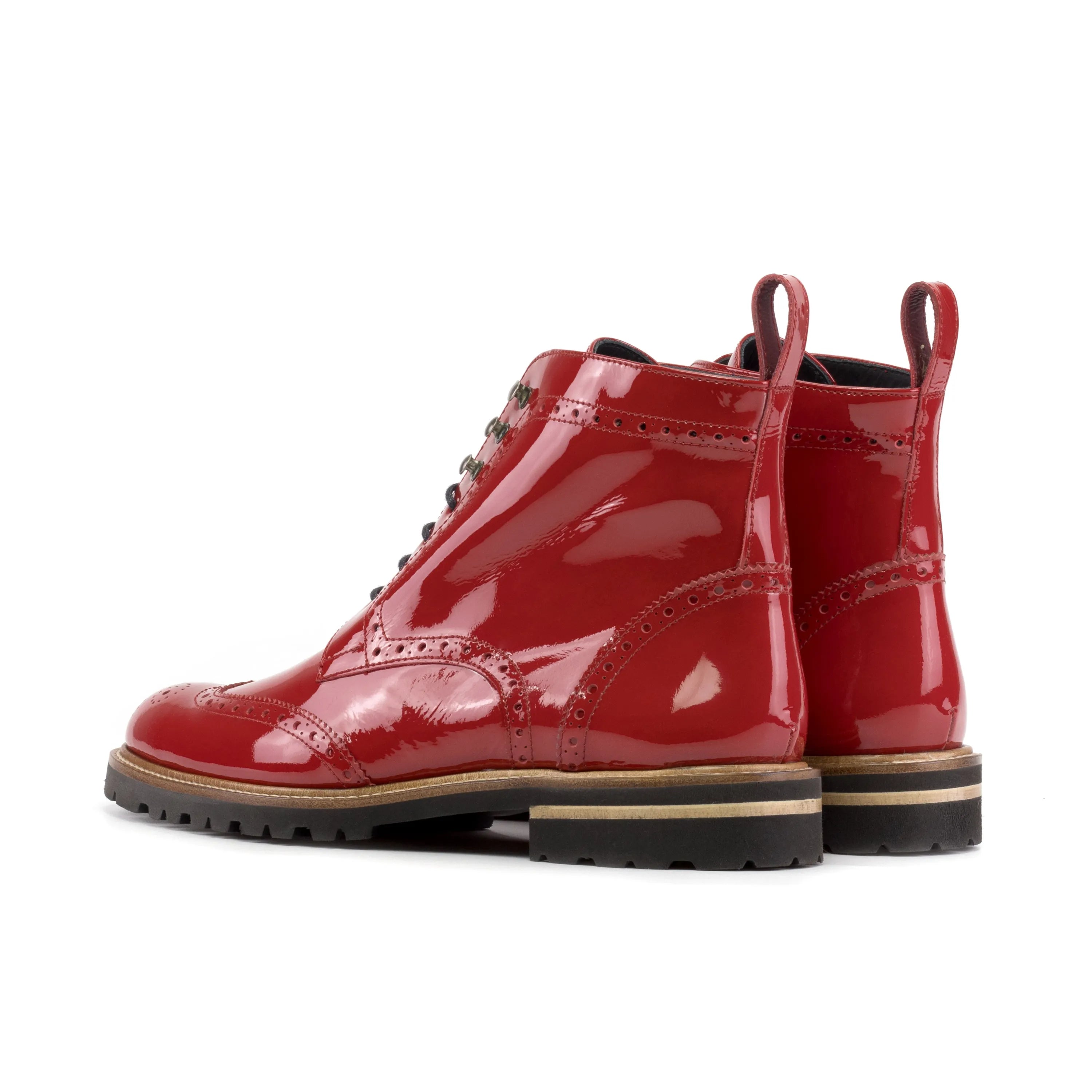 Red Lila unisex military brogue boots II in patent leather, ankle view