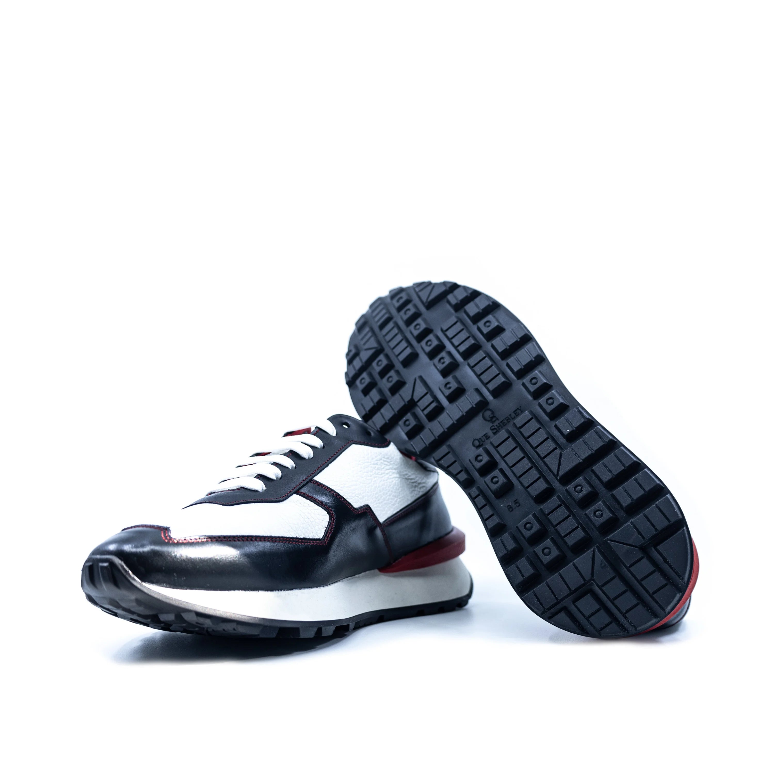 M10 Chunky Tempo Trainer Sneaker in white black Italian leather with red accents