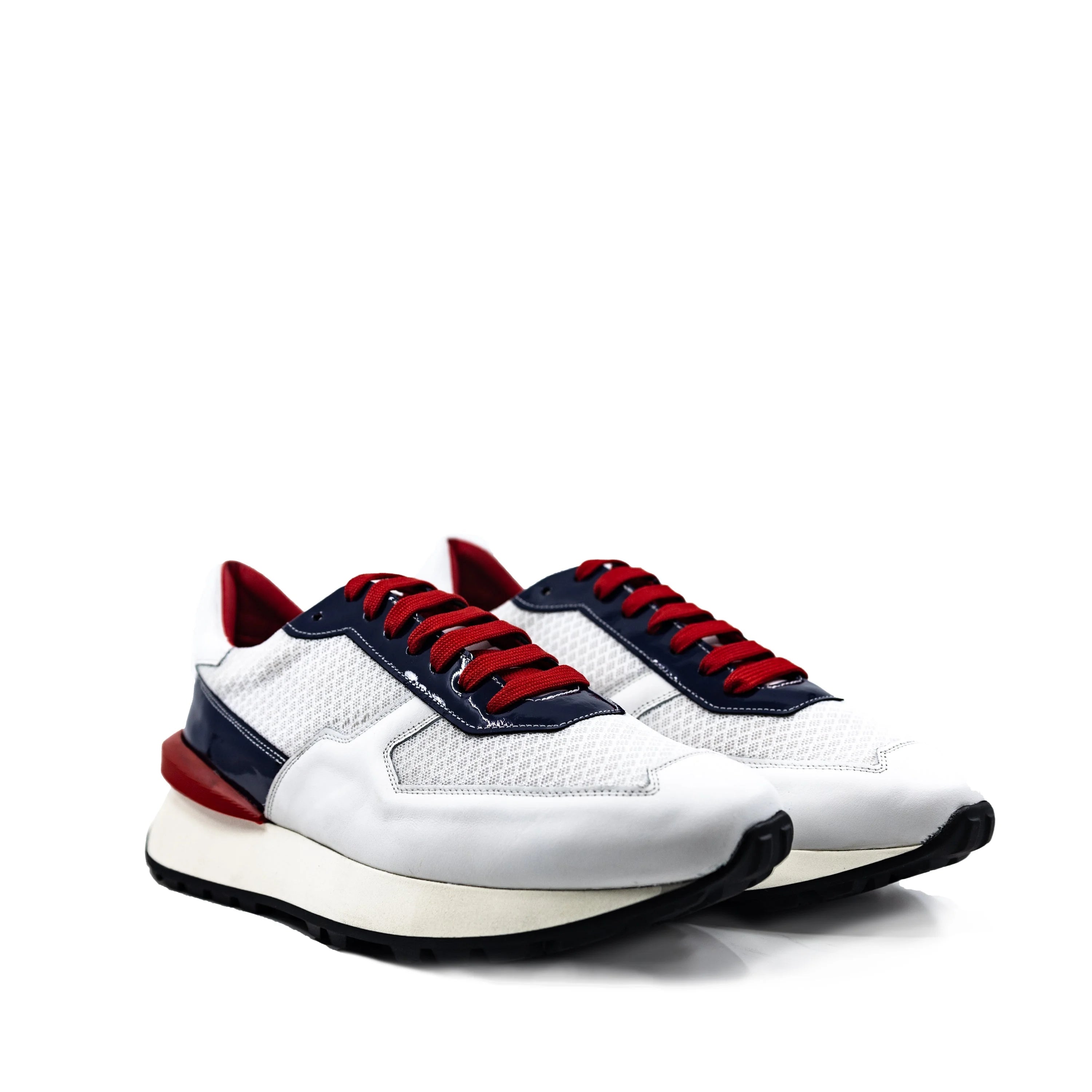M9 Chunky Tempo Trainer Sneaker II with white leather, red navy accents, exaggerated proportions