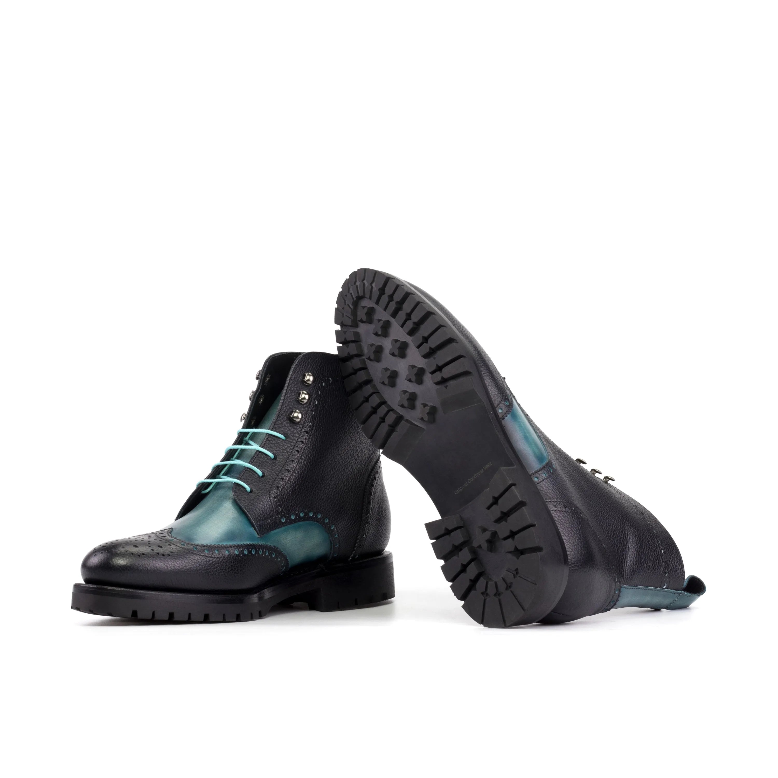 Manolo Patina military brogue boots in two-tone leather lace-up design