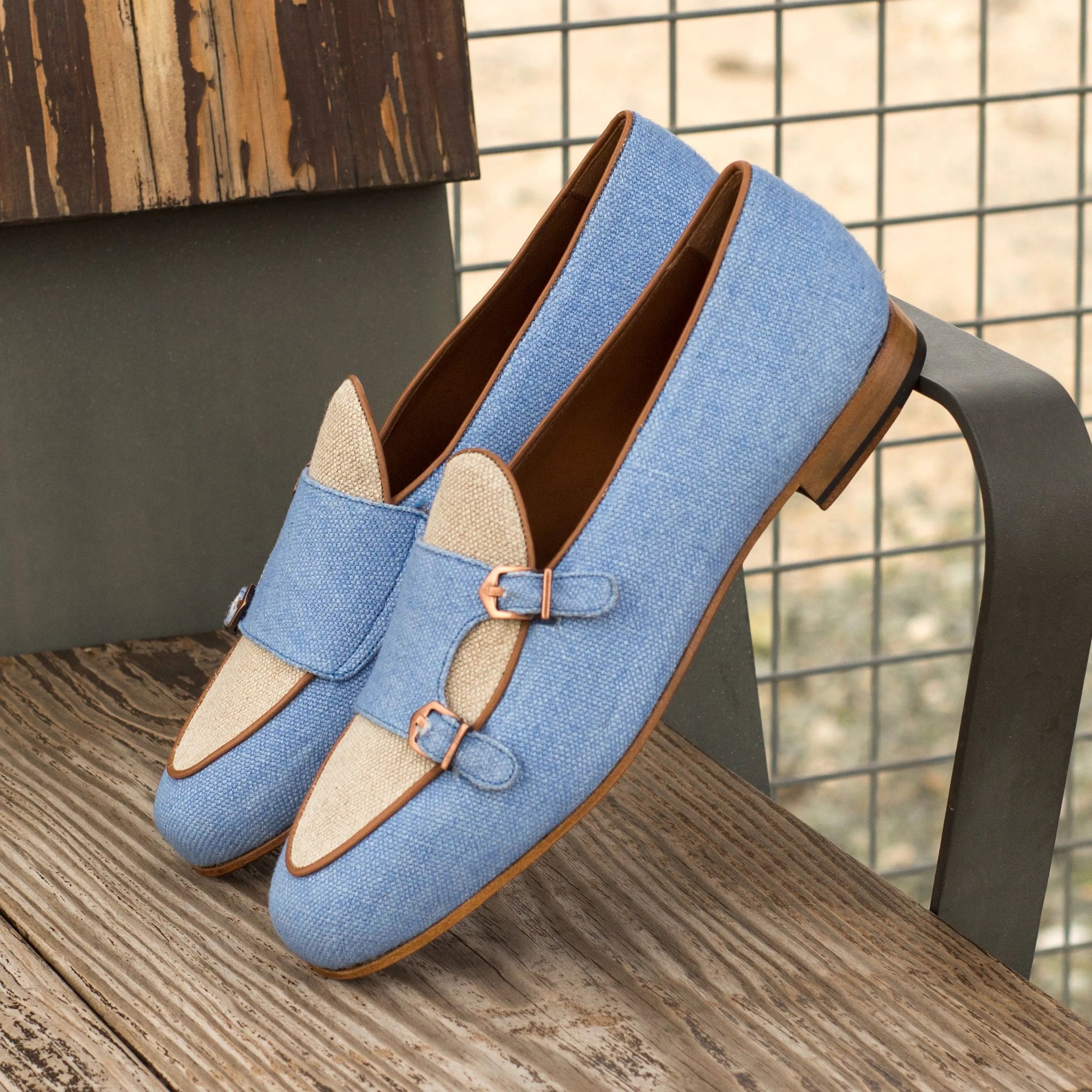 Marcodan Belgian monk slipper II in blue and beige double monk strap