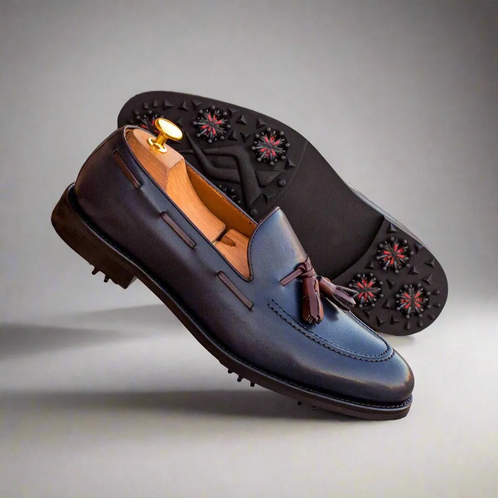 Navy blue leather marine loafer golf shoes II back view
