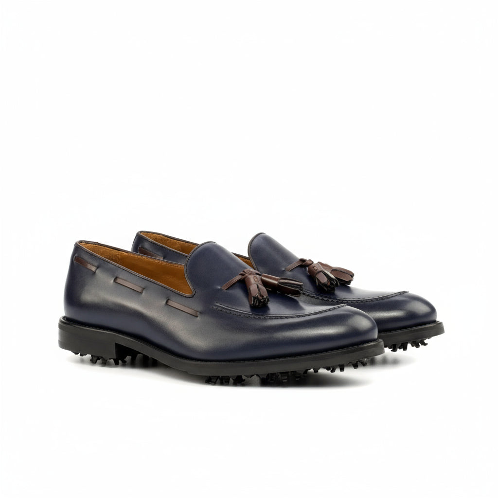 Pair of navy blue leather marine loafer golf shoes II with tassels