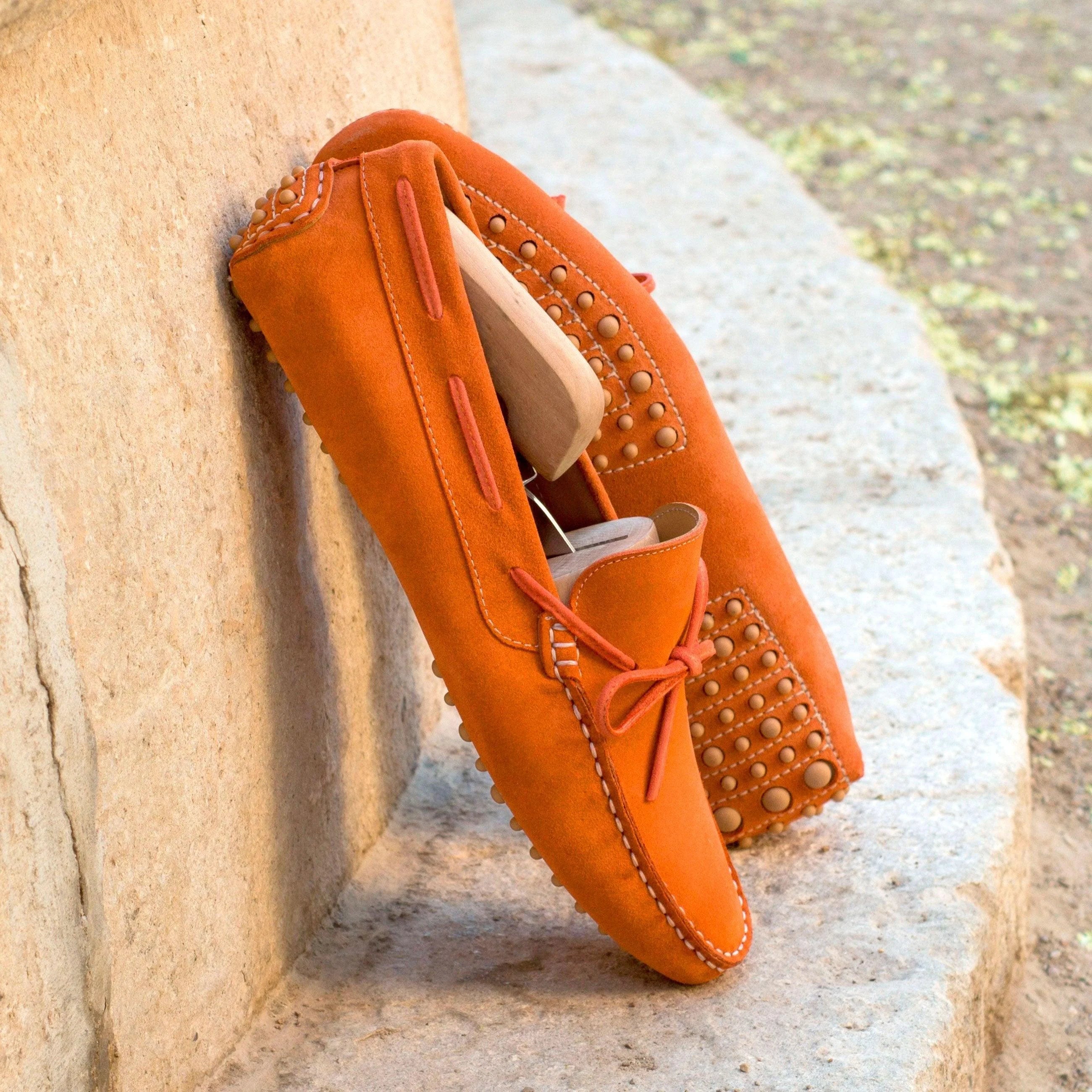 Maryland Driver II orange suede loafers with studs and bow closure