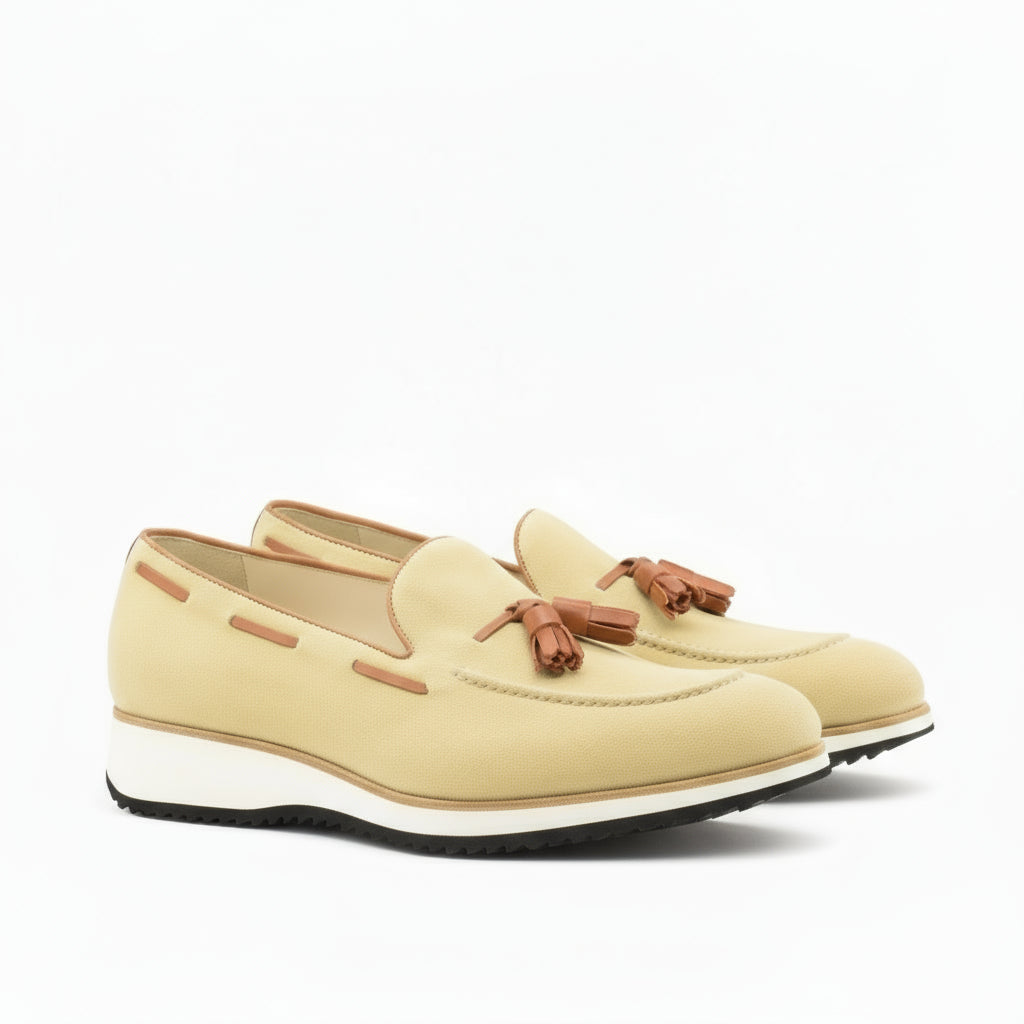 Back view of Mena Loafers II in sand lux suede with tassels