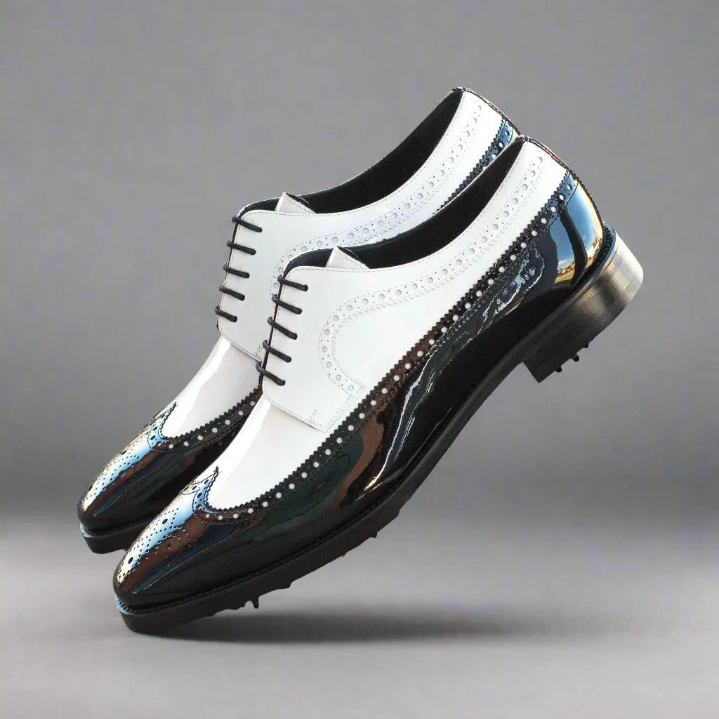 Mina Long Blucher golf shoes II in black and white wingtip design