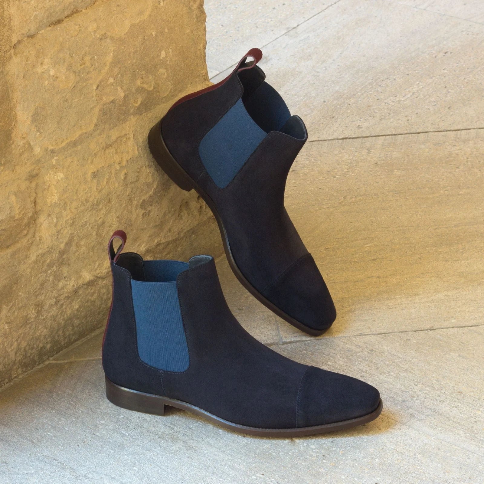 Musko Chelsea lux suede boots in dark navy with brown sole