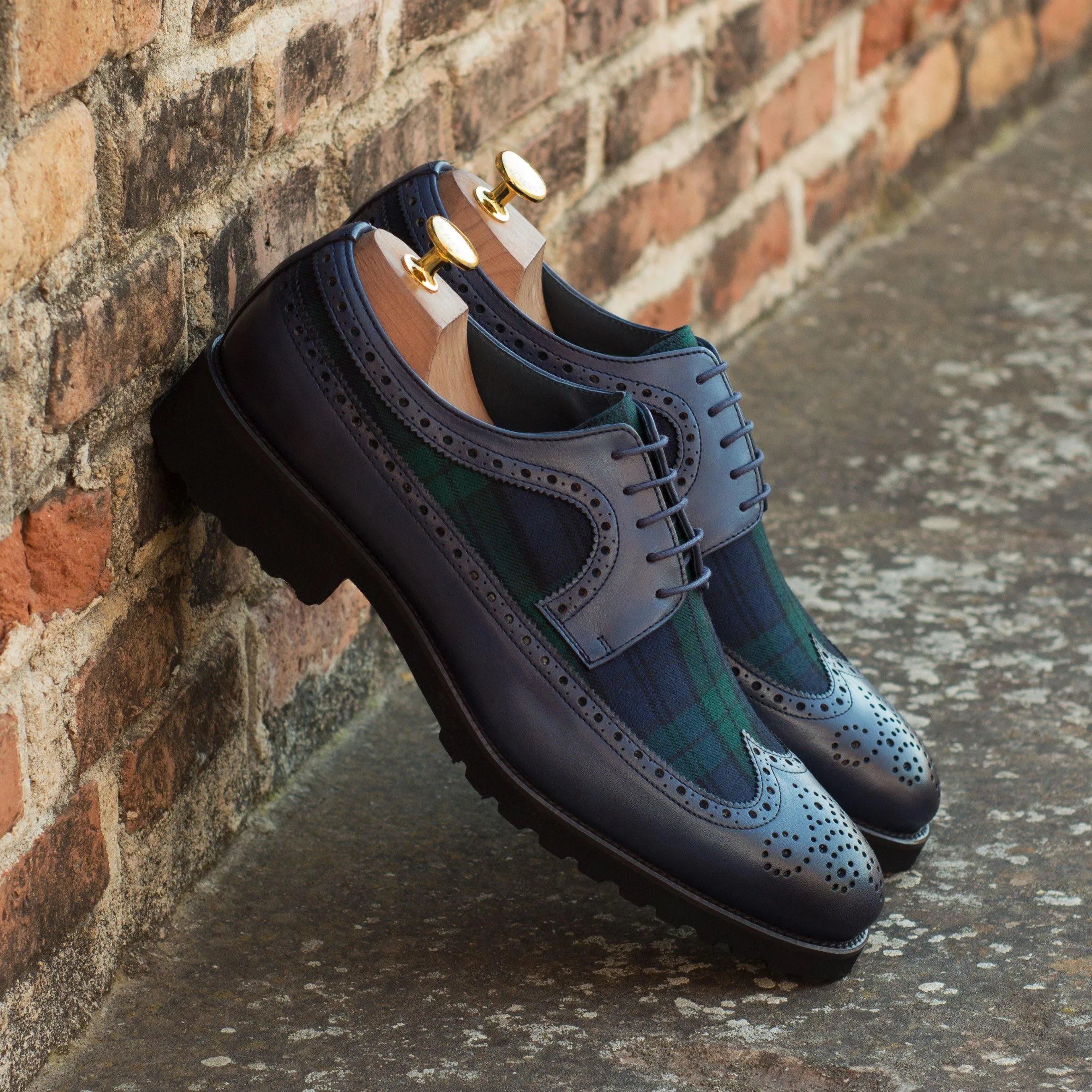 Nakoda Longwing Blucher II blue leather tartan brogue shoes