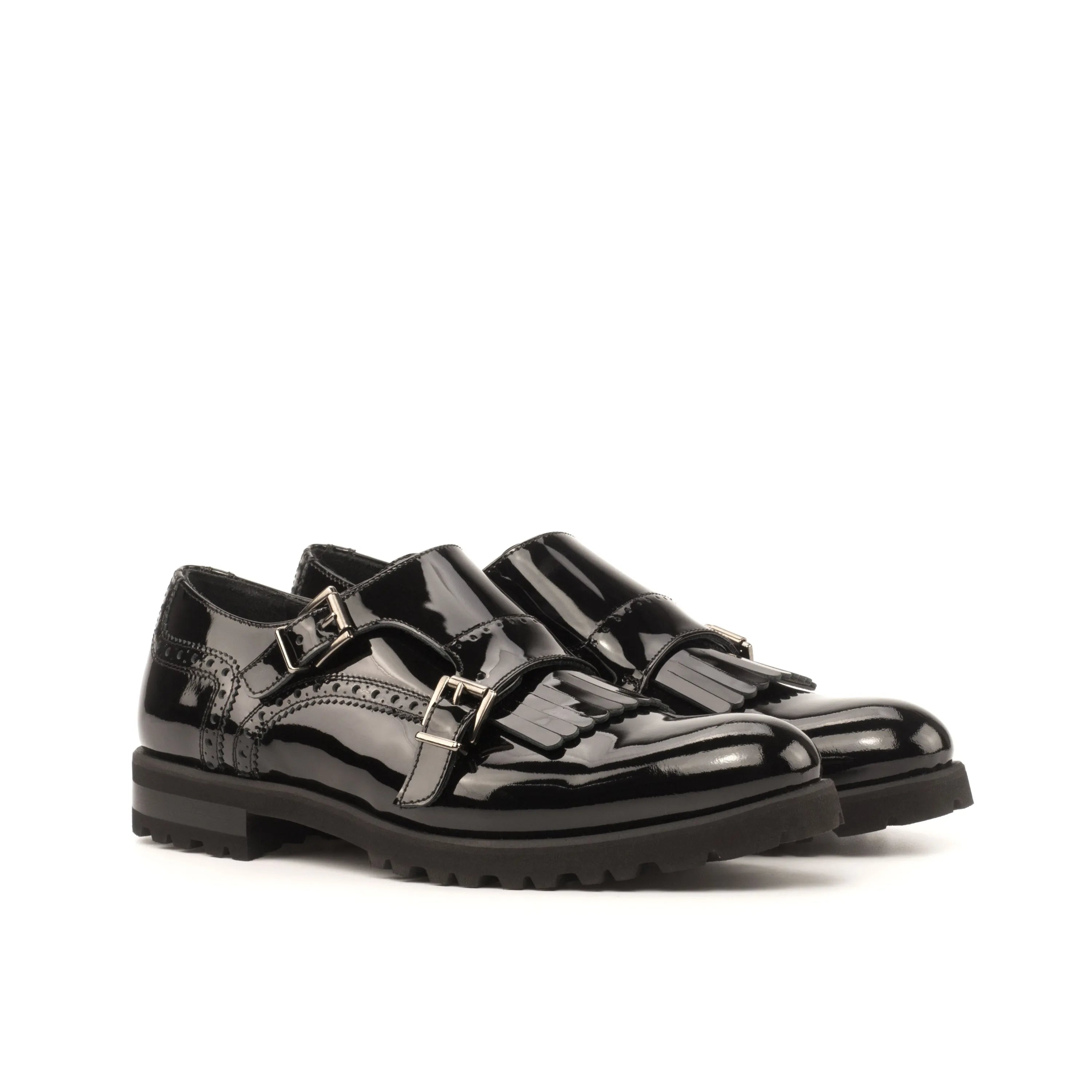 Nora Kiltie unisex monk strap shoes in black patent leather