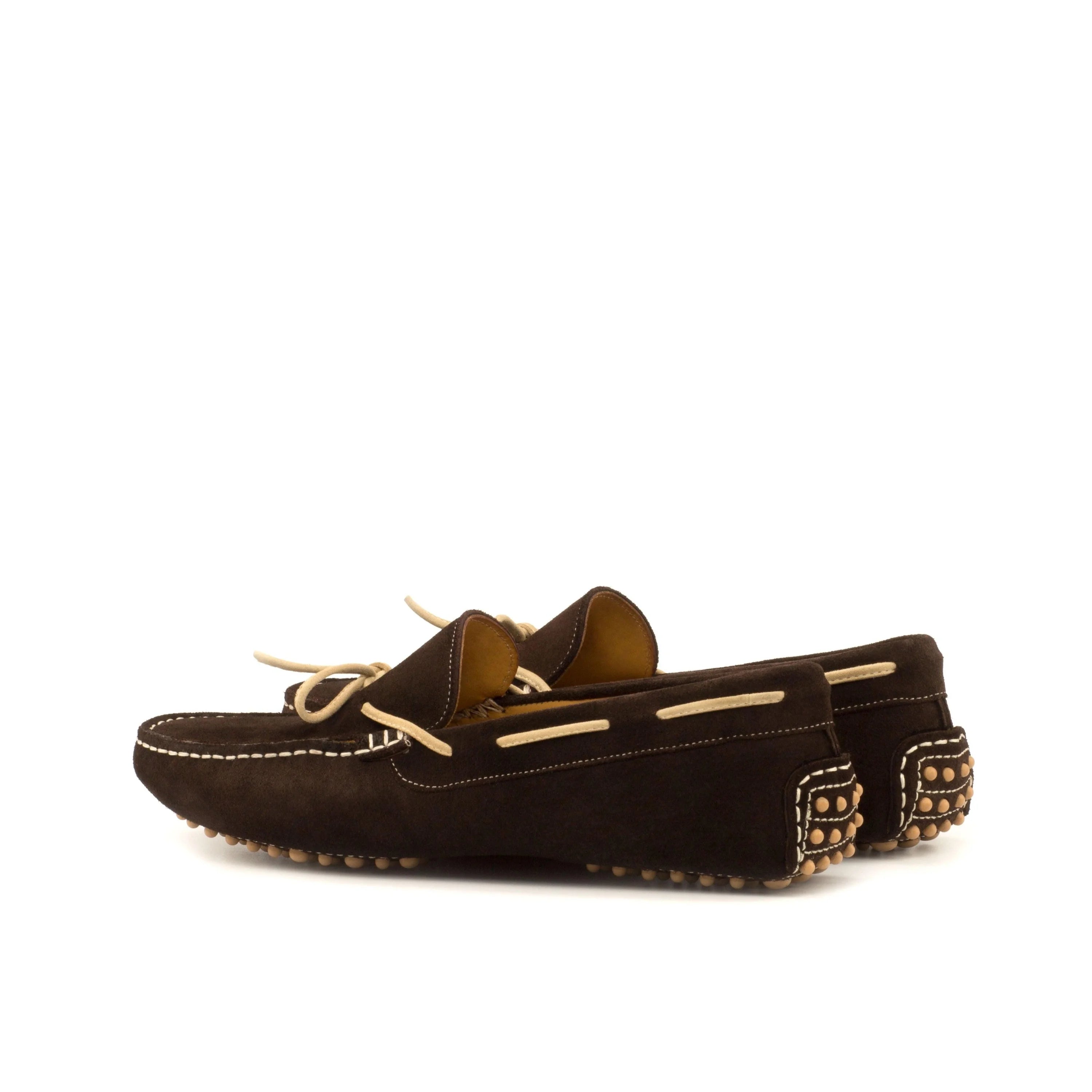 Brown suede NY Driver II boat shoe with white laces and studs