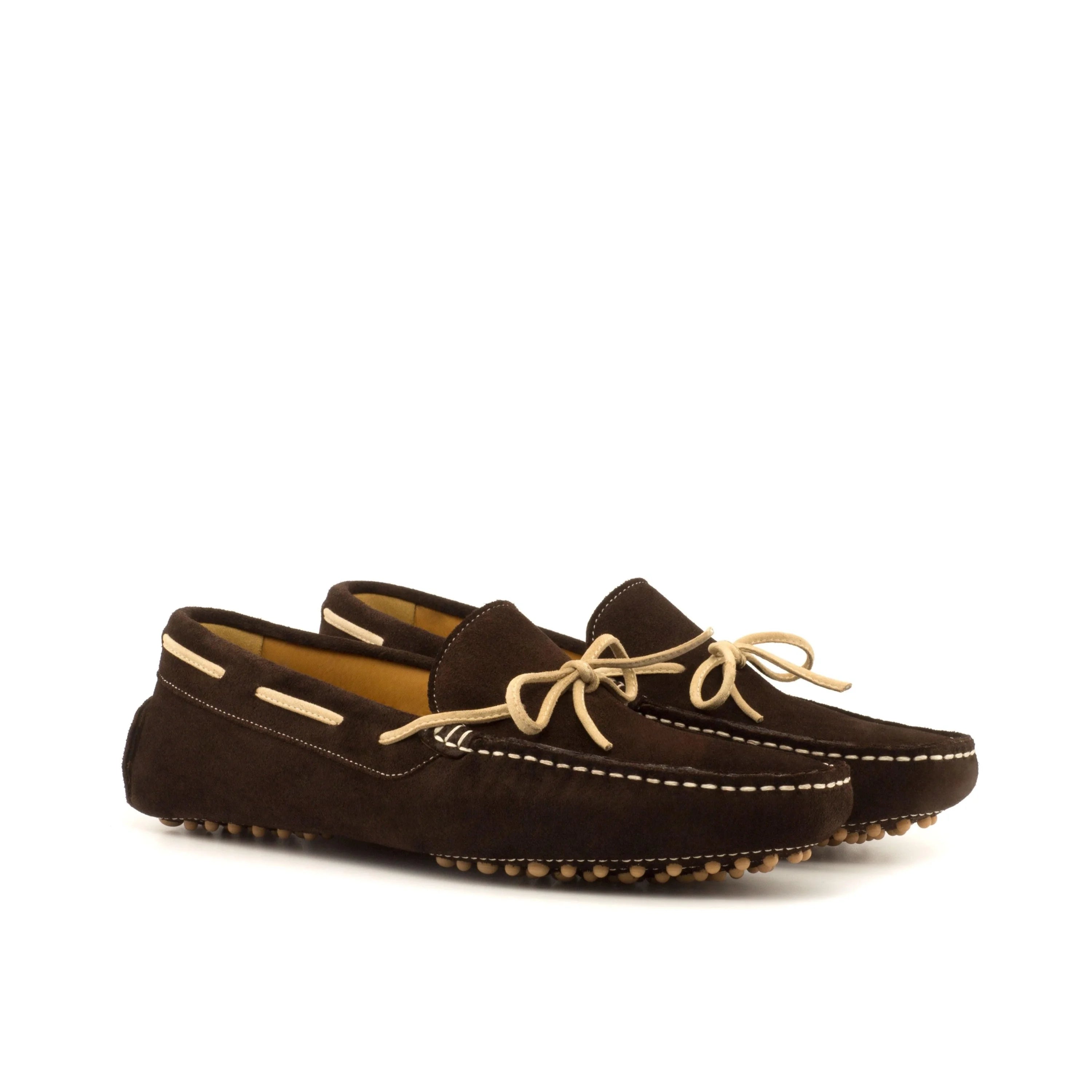 NY Driver II brown suede moccasin with white stitching, tan laces