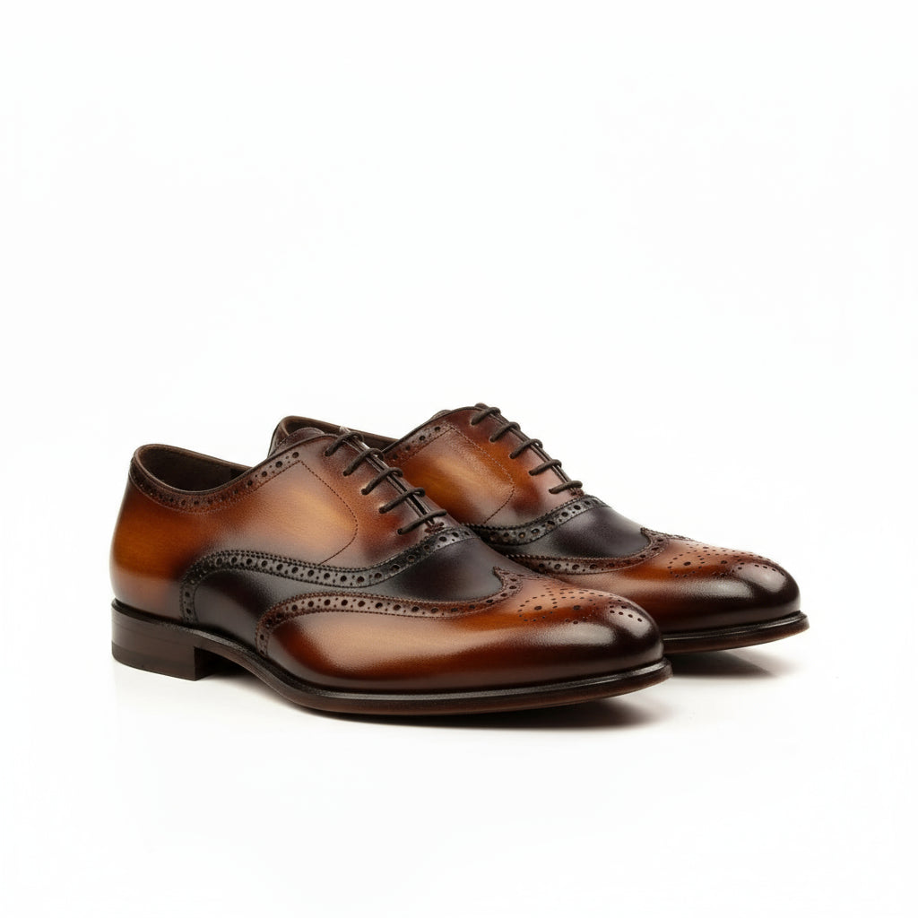 NY Full Brogue Patina two-toned brown leather brogue patina dress shoes