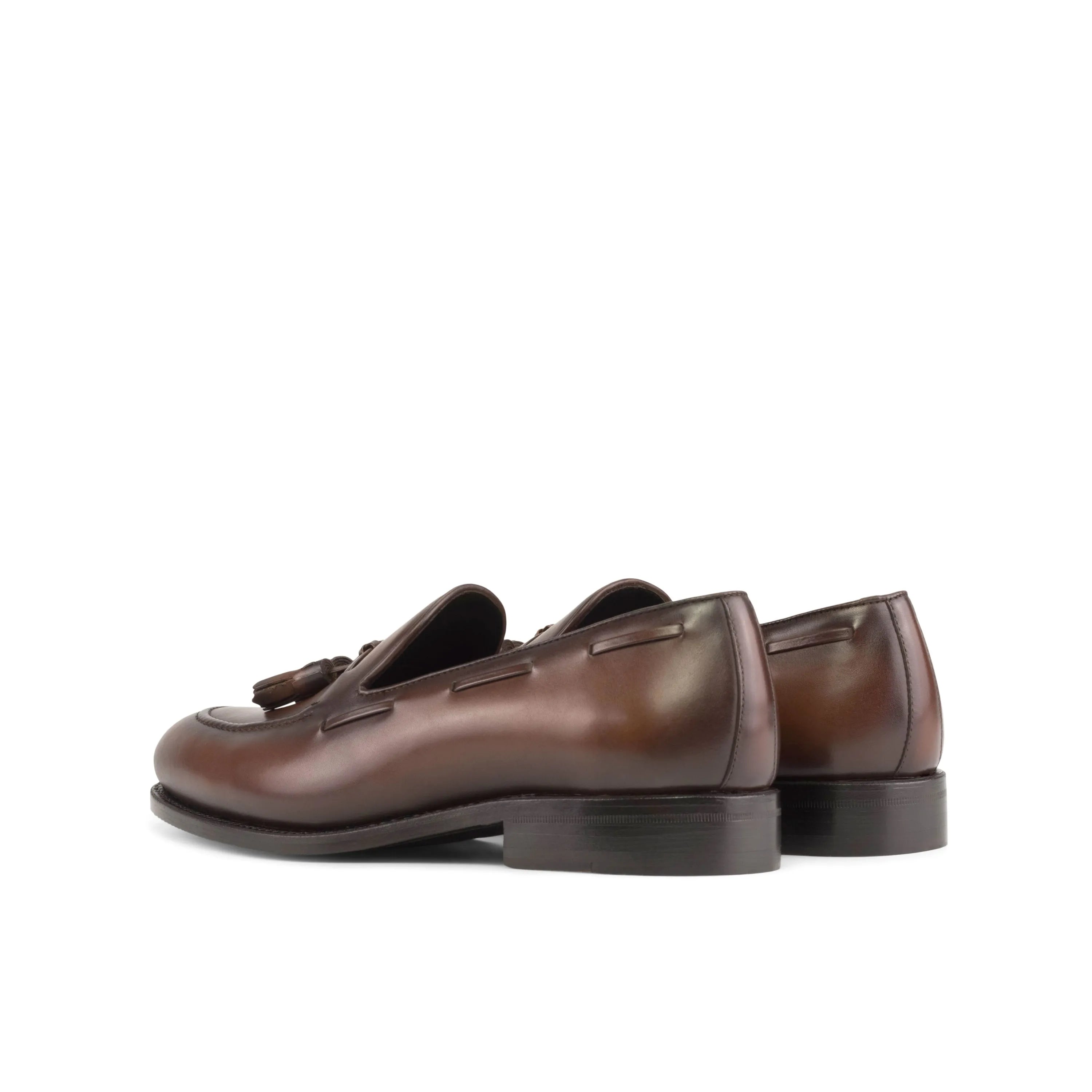 Back view of Orlan Loafers II in brown box calf Goodyear welt mixed leather with tassels