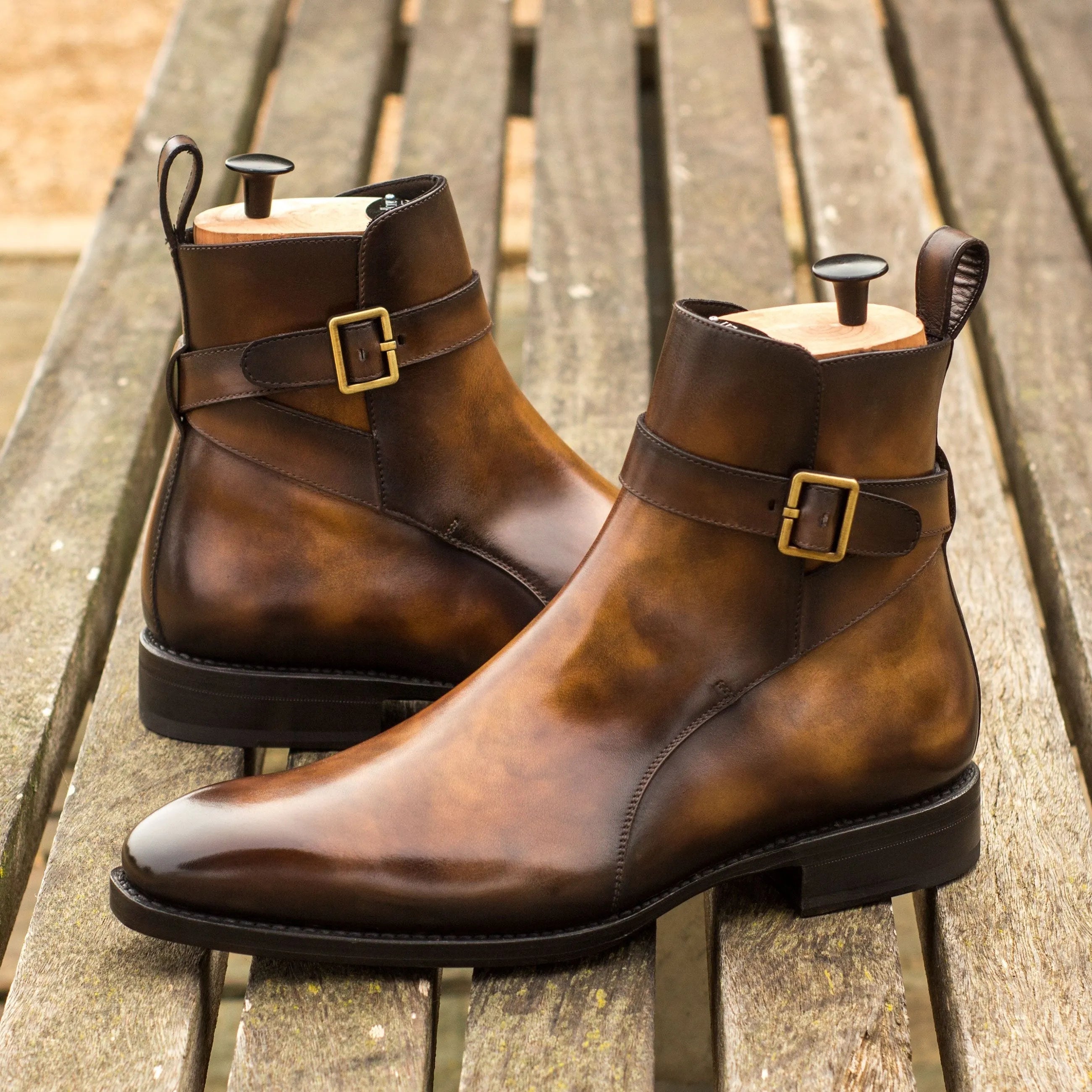 Picasso Jodhpur Patina Boots II with brown leather, strap-and-buckle fastener