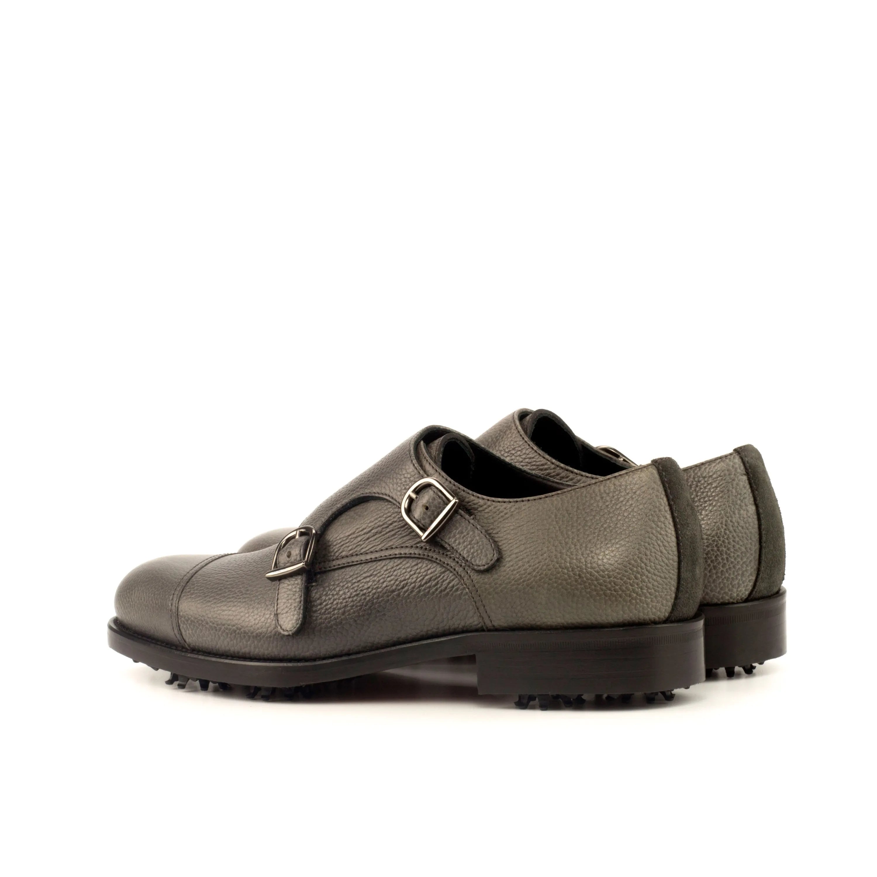 Gray leather double monk strap Puck golf shoes back view