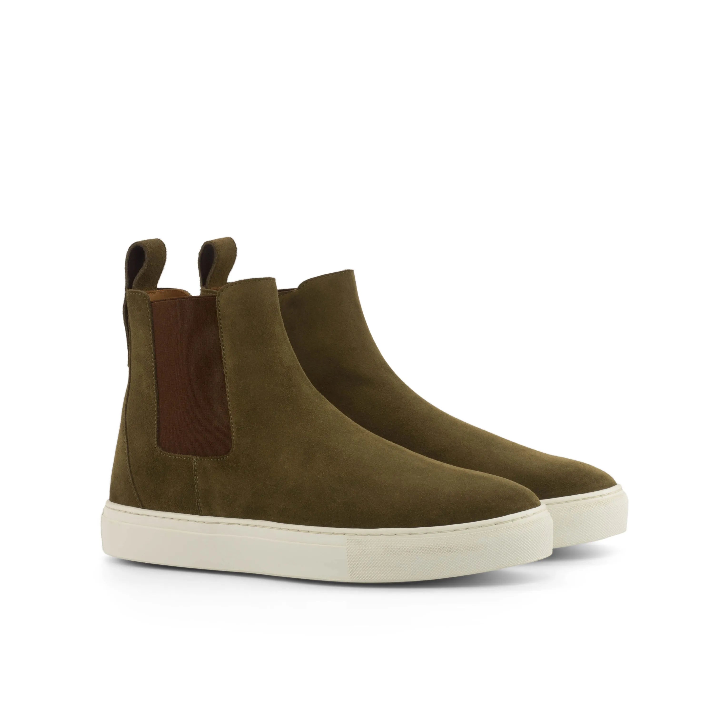 Olive green suede QR02 Chelsea sneaker boots back view