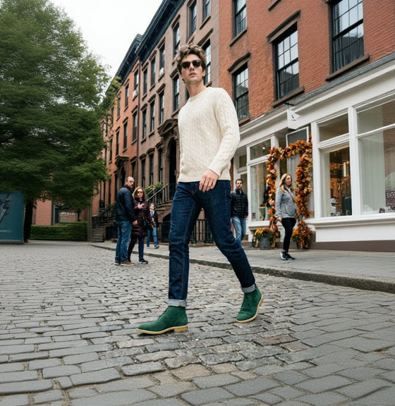 Rapa chukka boots II with cream v-neck sweater, dark blue jeans, green Chelsea boots