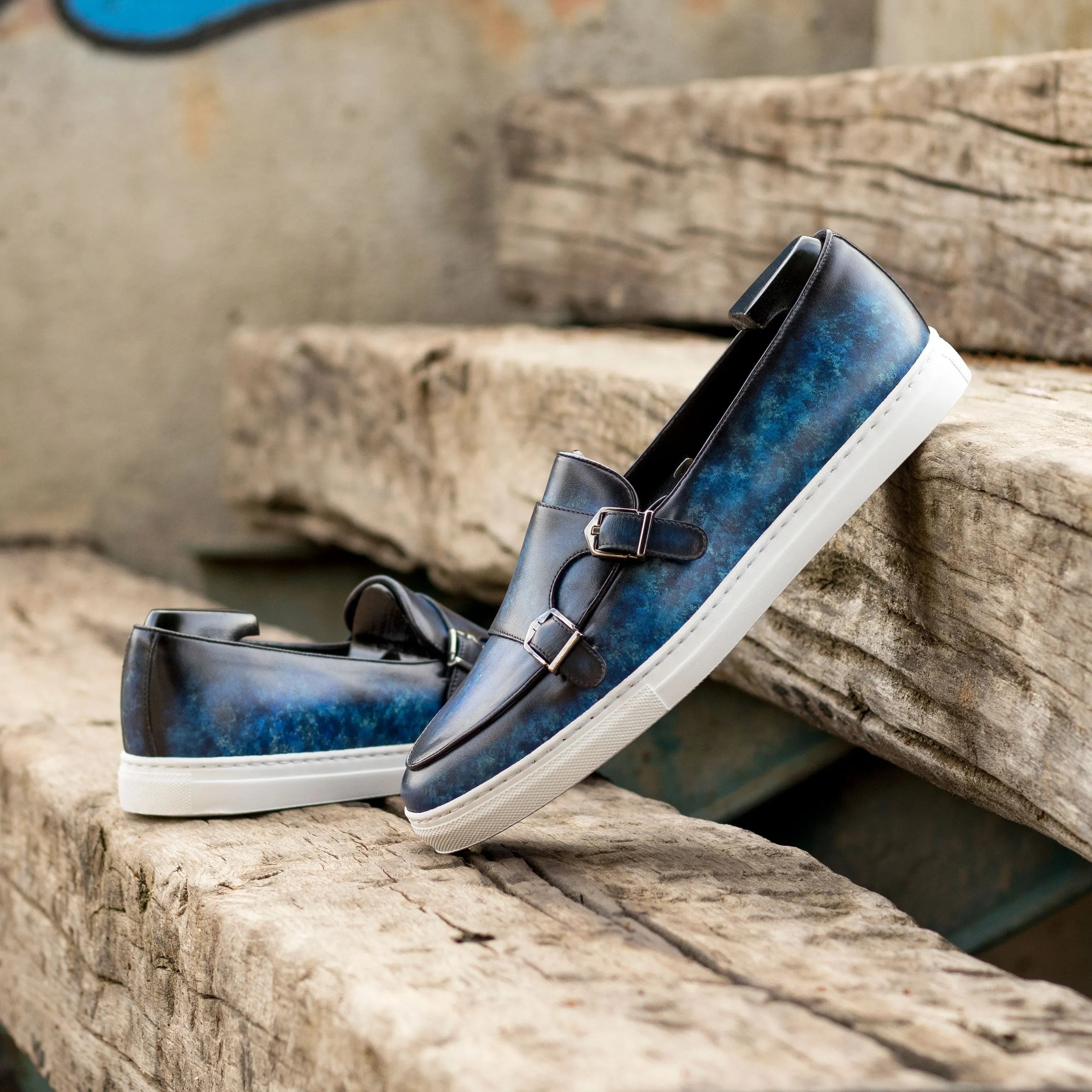 Realcarlo patina monk sneaker in blue leather double monk strap design