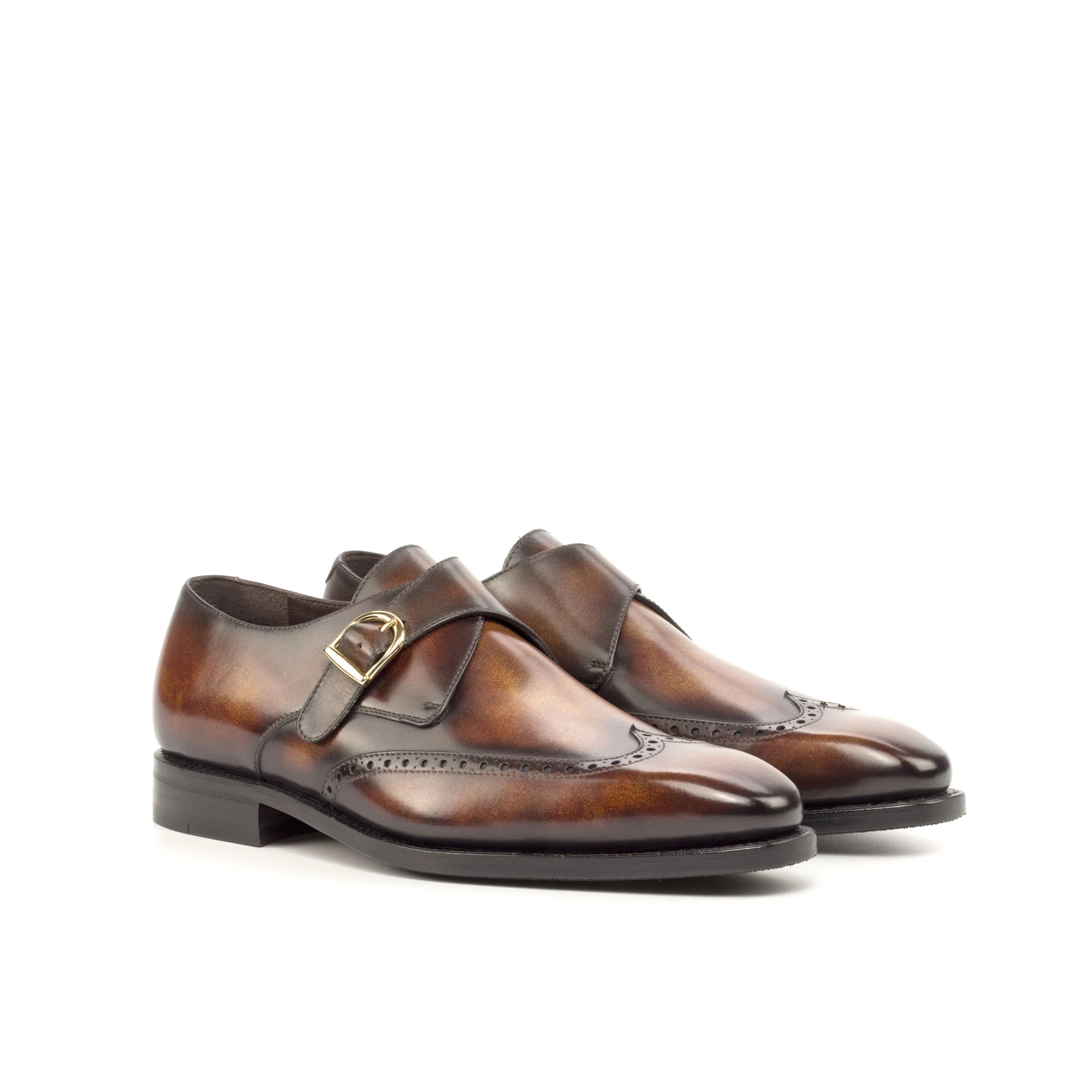 Rinos single monk patina shoes in brown leather back view