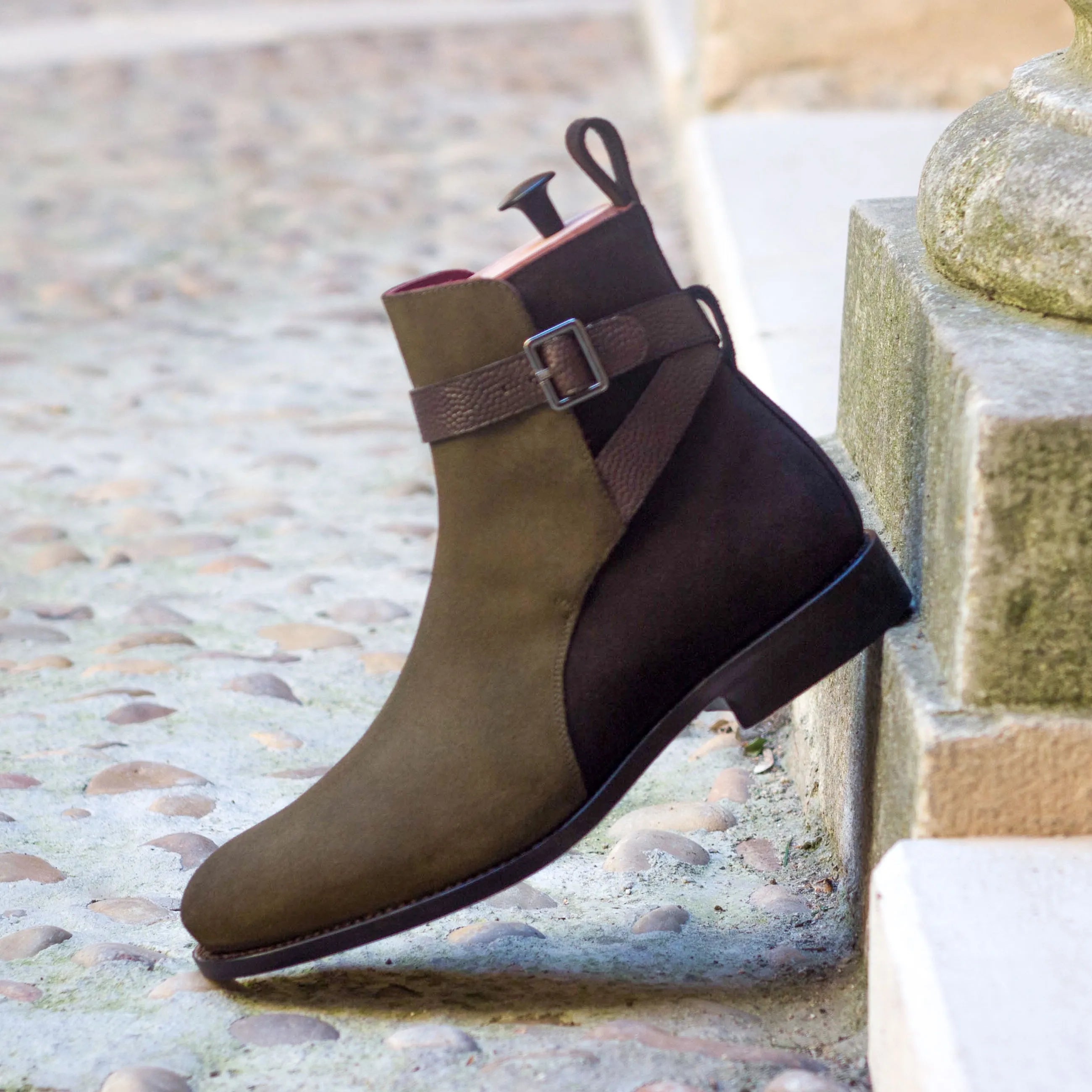 Ronaldo Jodhpur boots: two-toned suede ankle boot with buckle strap