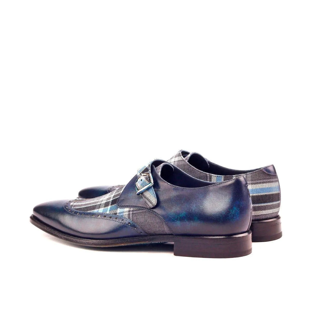 Salute Single Monk Patina II blue leather plaid single monk shoes