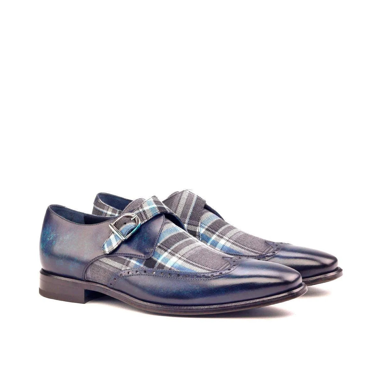 Salute Single Monk Patina II blue leather plaid single monk shoes