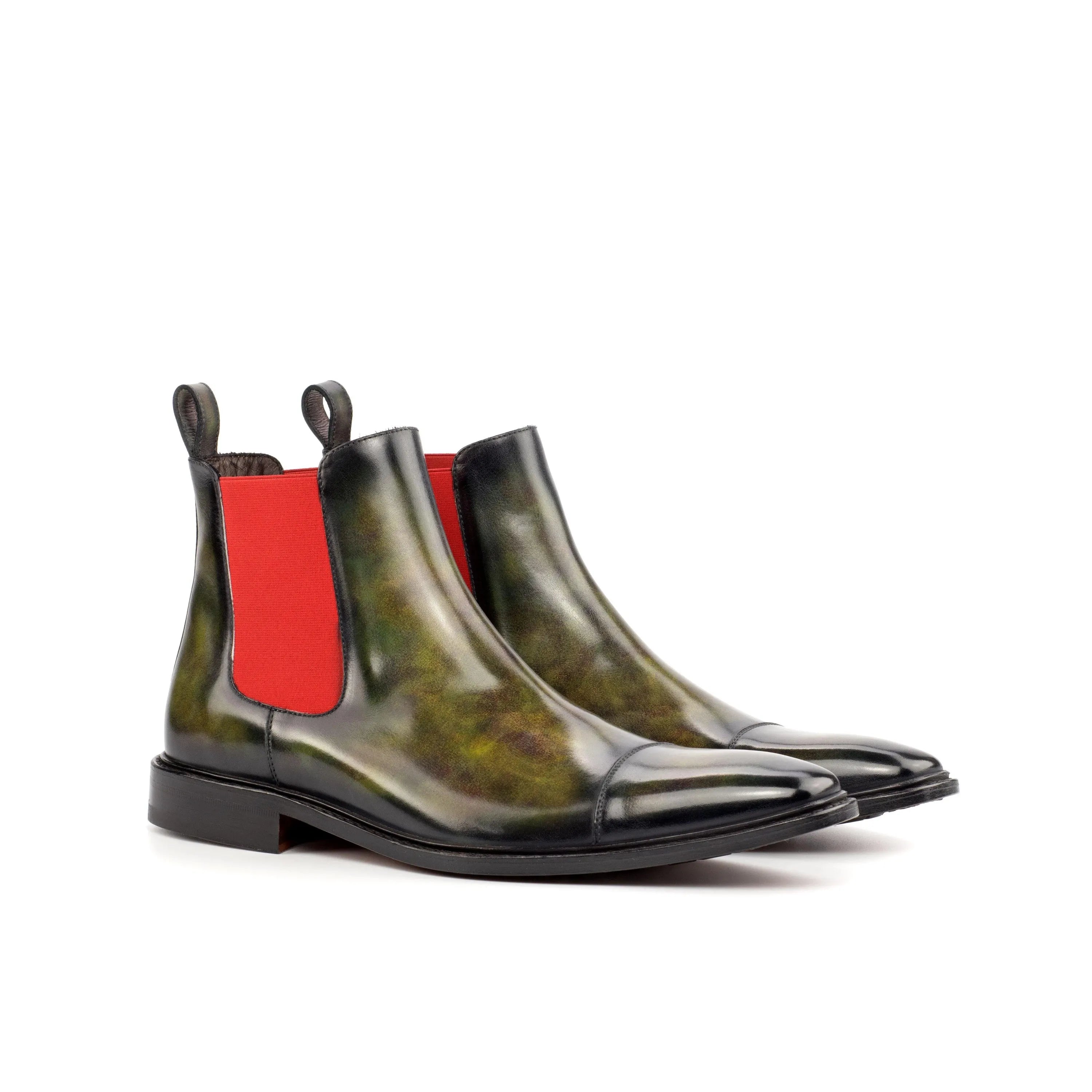 Olive green leather Salvatore Patina Chelsea boots back view