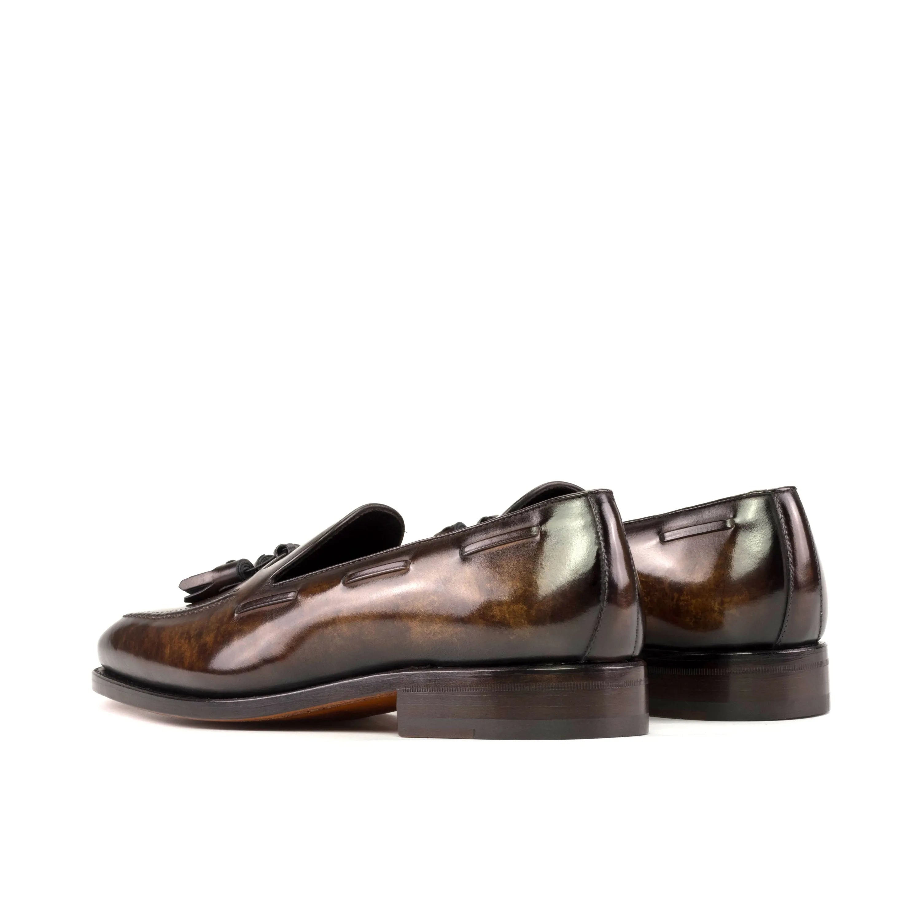 Back view of Sam Patina Loafers II in brown Goodyear leather with tassels