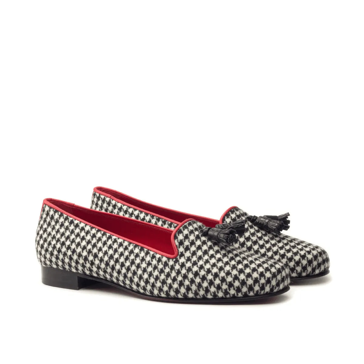 Sappho Rose Ladies Slipon II houndstooth tassel loafers with red trim