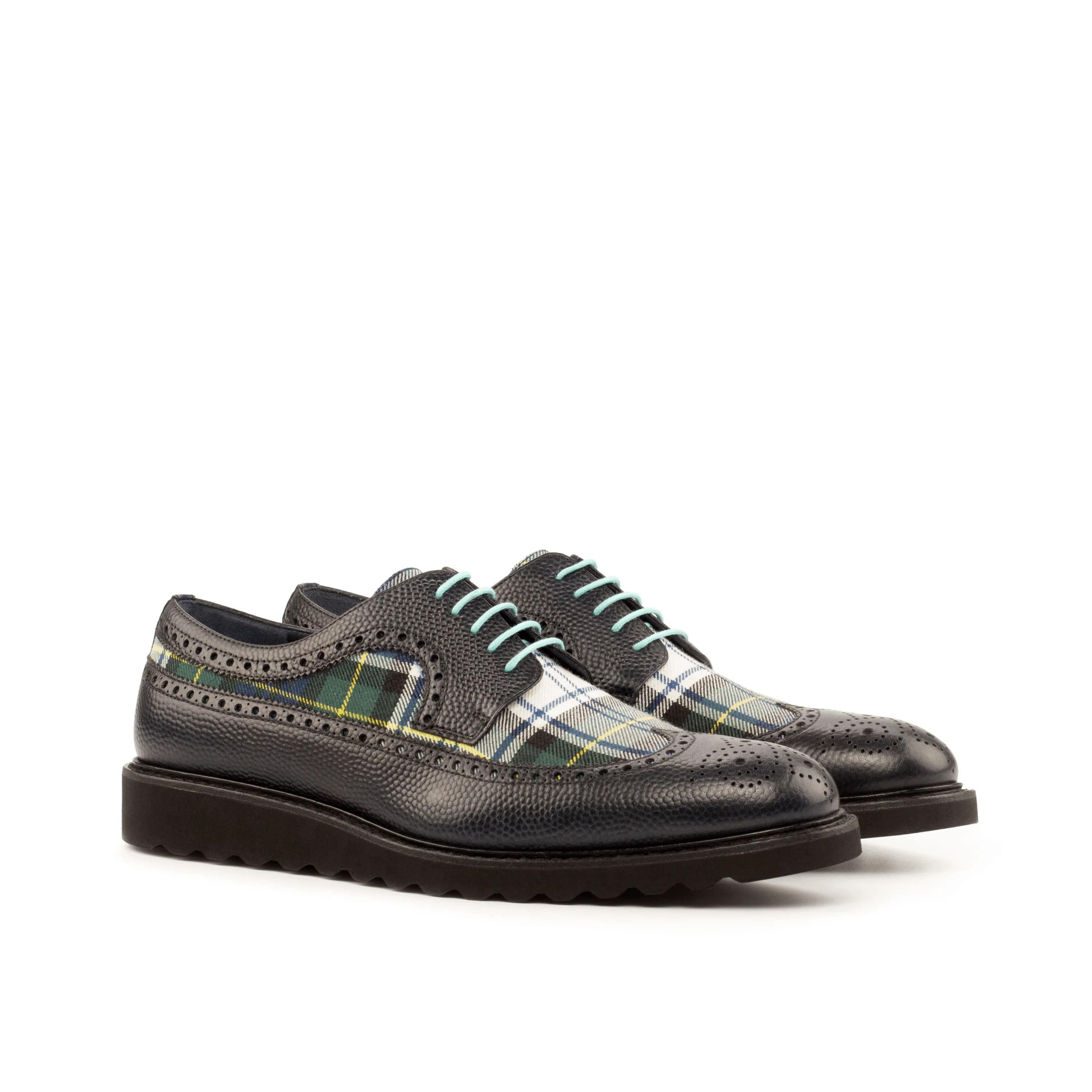 Seleucid Longwing Blucher II black leather plaid rounded toe wingtip shoes