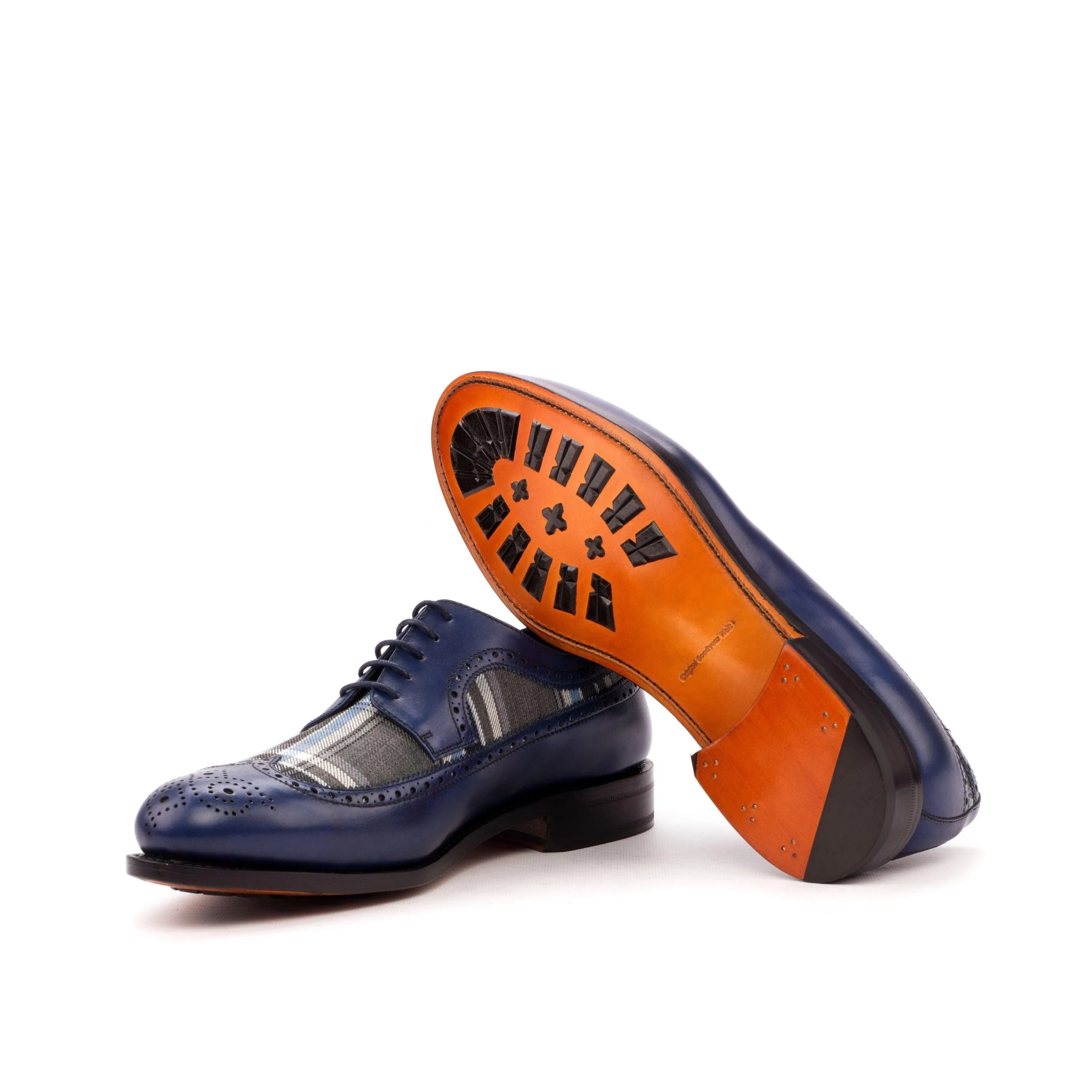 Seneca Longwing Blucher II blue leather dress shoes with orange soles