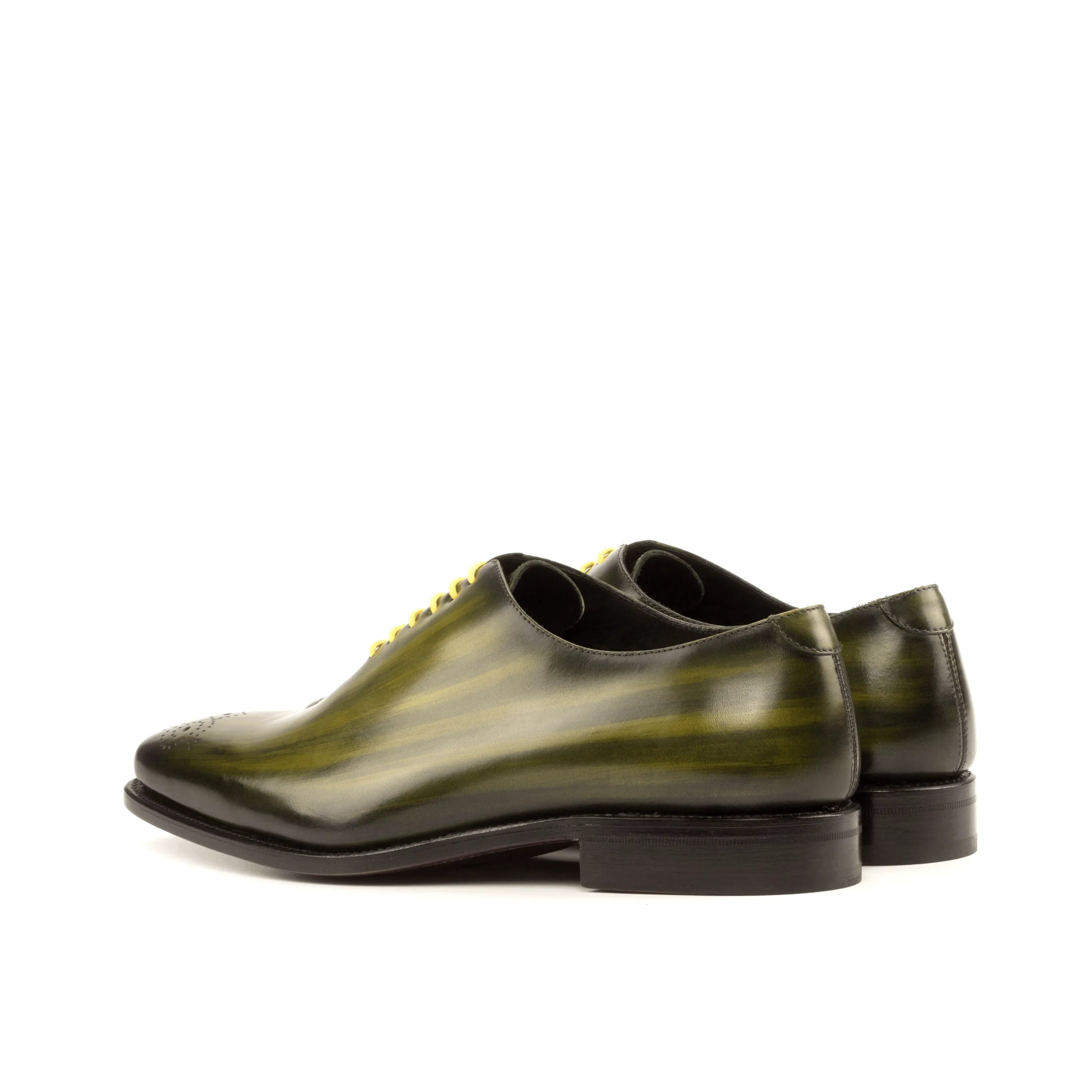 Serb Whole Cut Patina II green leather dress shoes with hand-painted patina