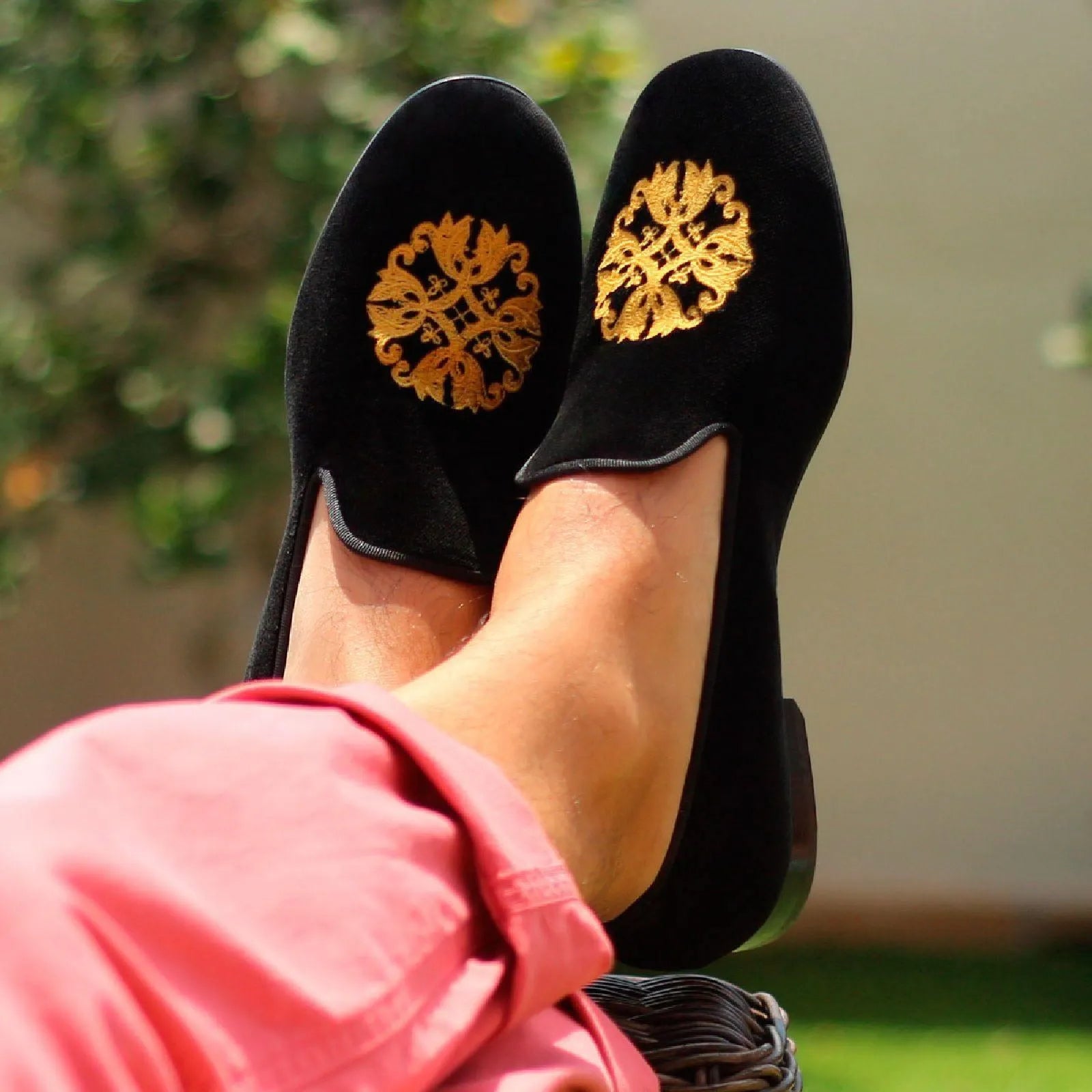 Black velvet Sheikh Wellington Slipon II loafers with gold embroidery