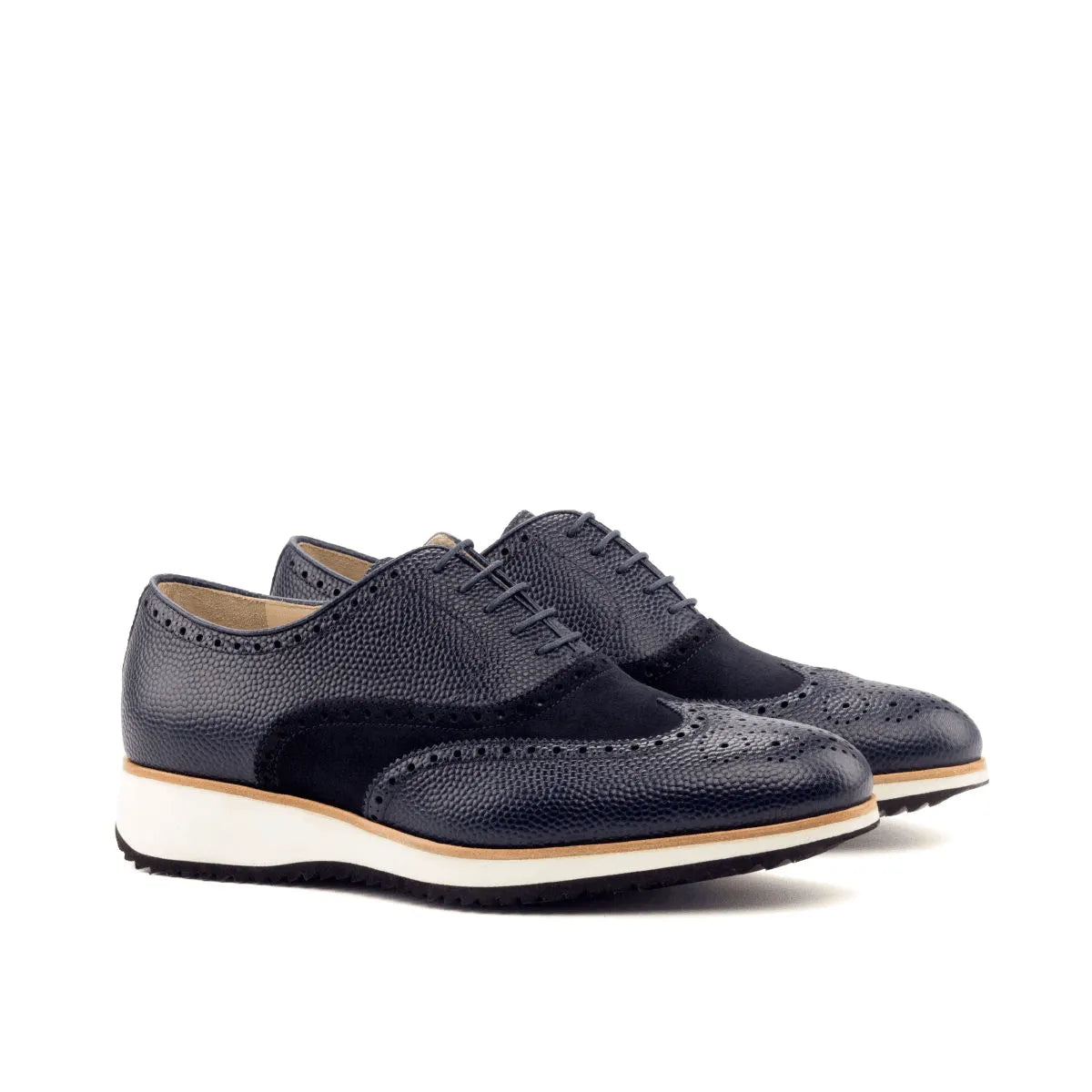 Sinere Full Brogue II navy blue leather suede wingtip shoes rounded toe