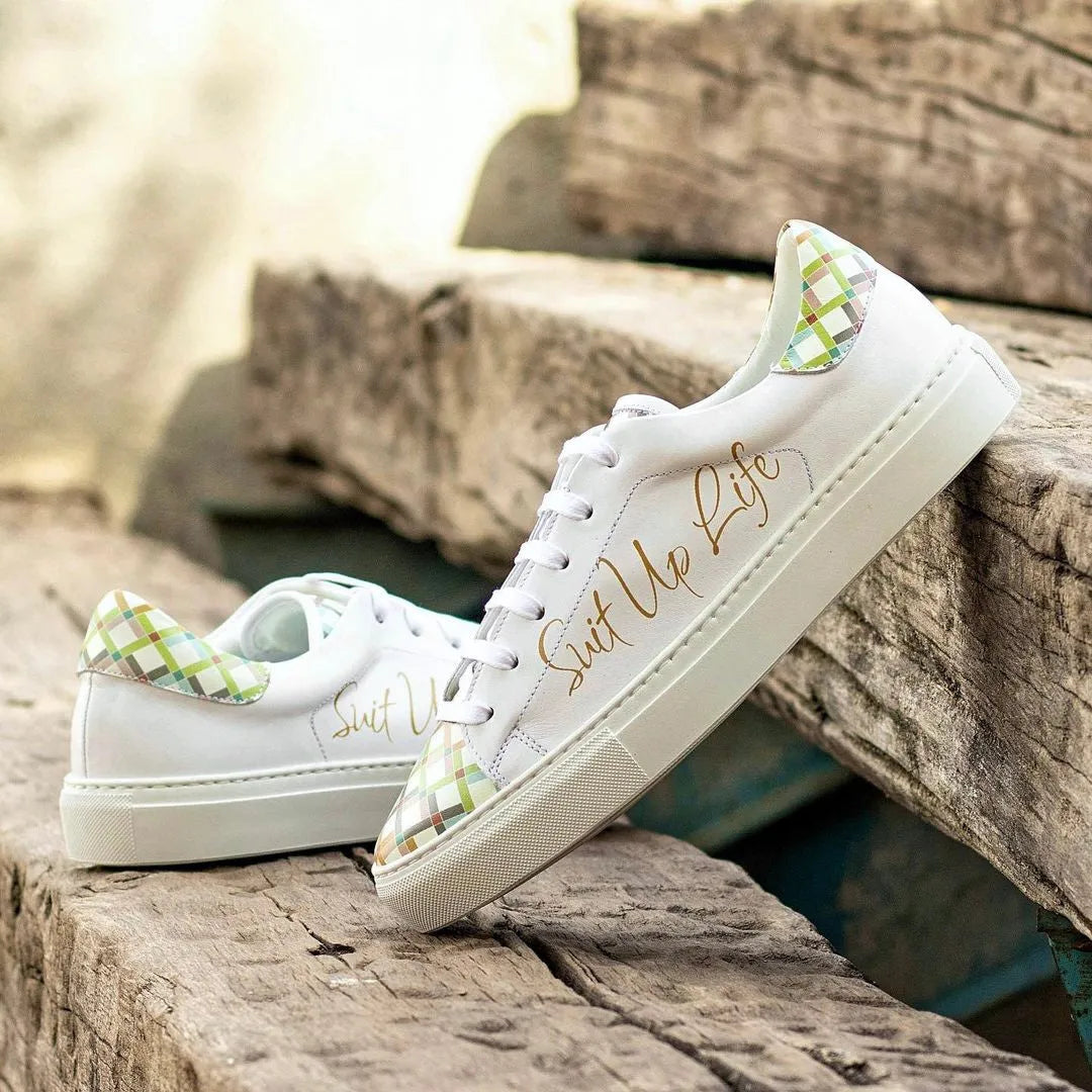 White Sirius Trainer Sneaker with plaid accents on leather