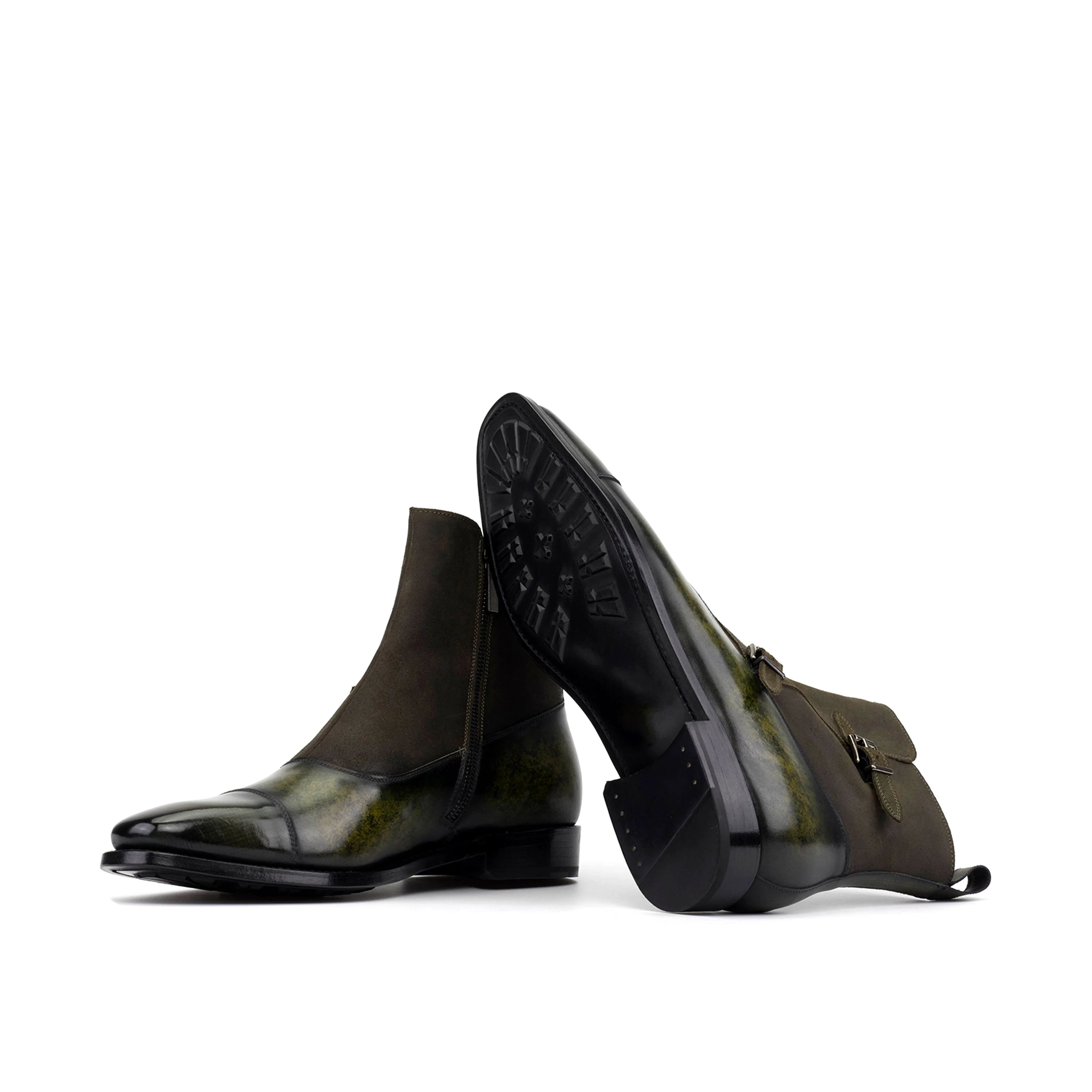 Smyrna Octavian Patina Boots II in dark olive green glossy leather with black soles