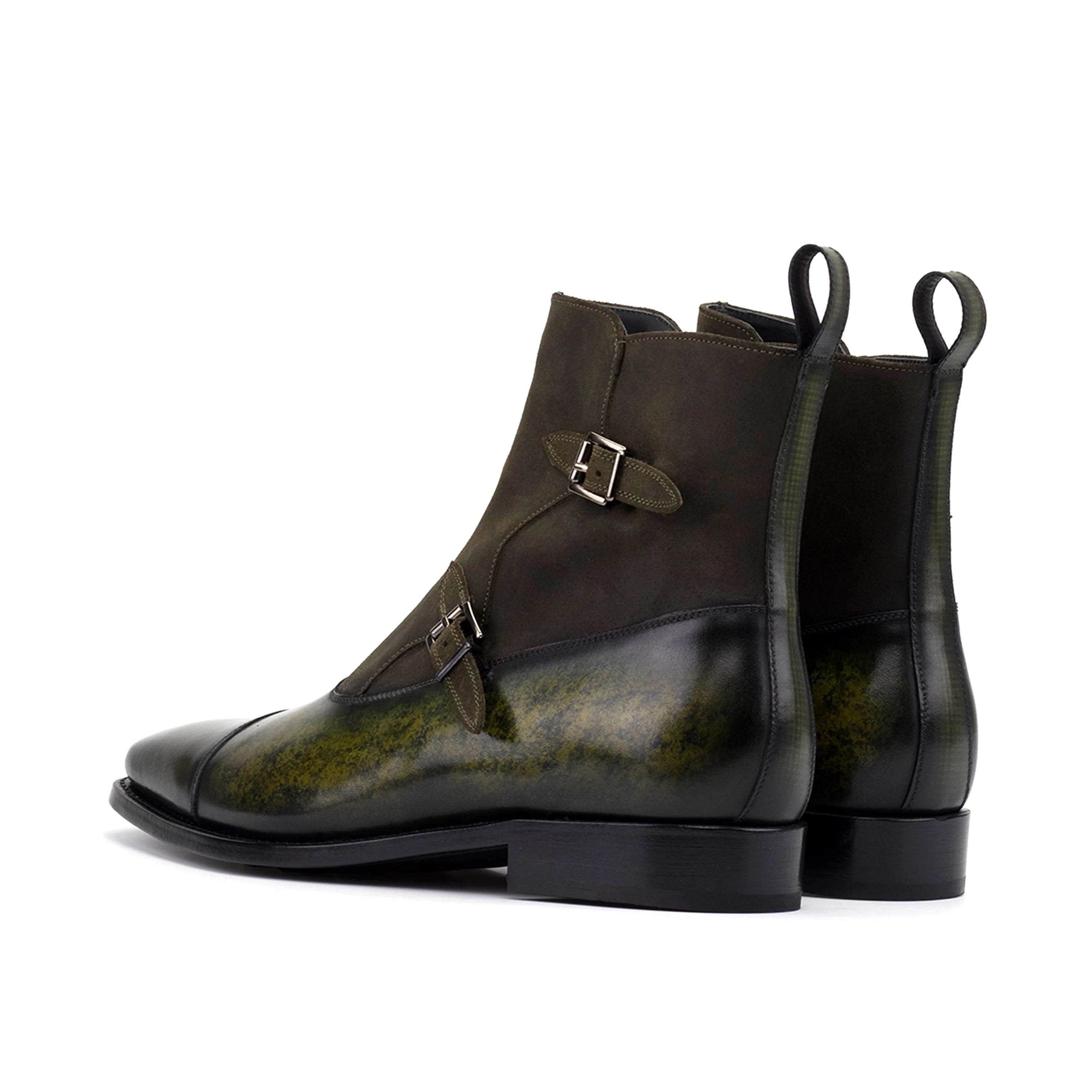 Smyrna Octavian Patina dark olive green leather Chelsea boots with buckle