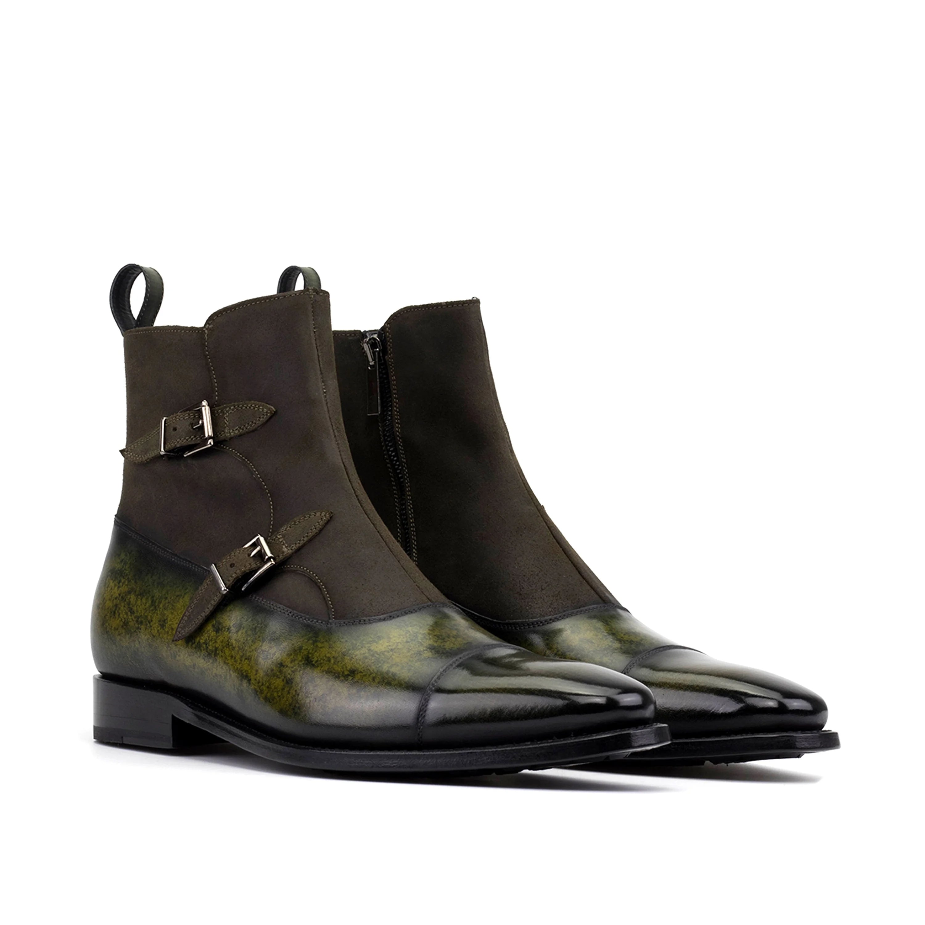Smyrna Octavian Patina dark olive leather ankle boots with green gradient toe