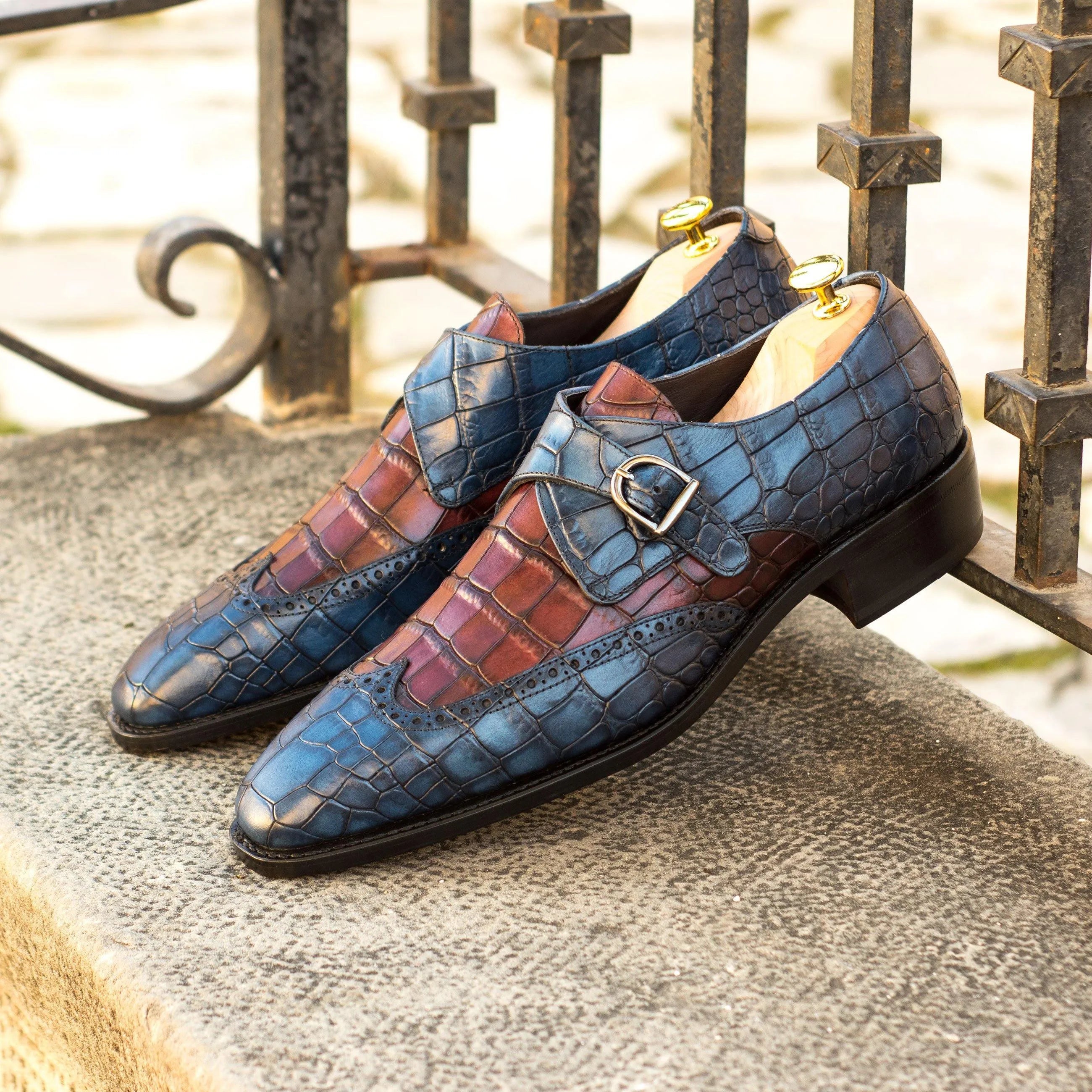 Sona Single Monk Croco II two-tone crocodile leather monk strap shoes