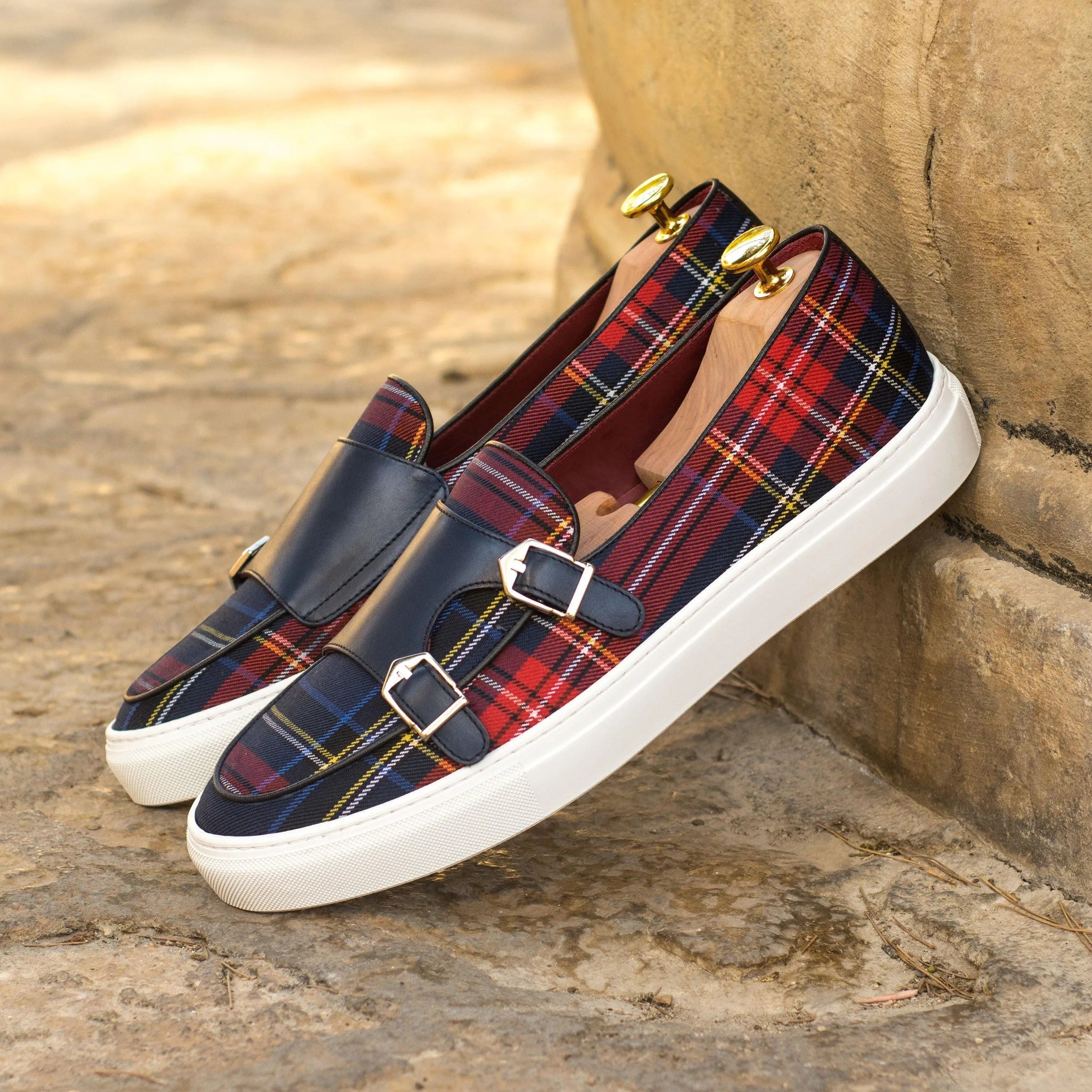 Back view of Sosa Grand Monk Sneaker II in plaid painted calf