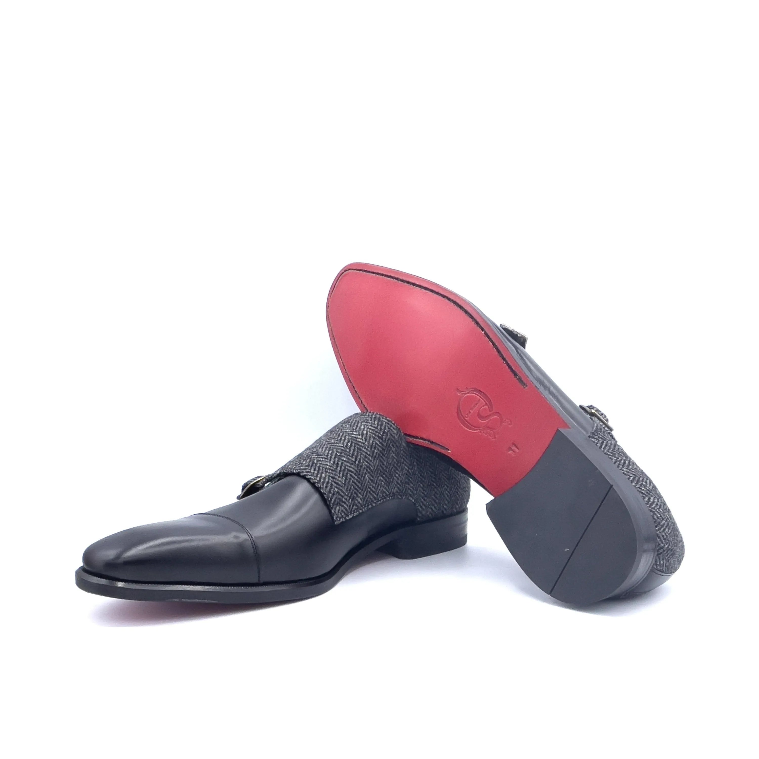 SW20 Double Monk II black leather herringbone double monk shoes