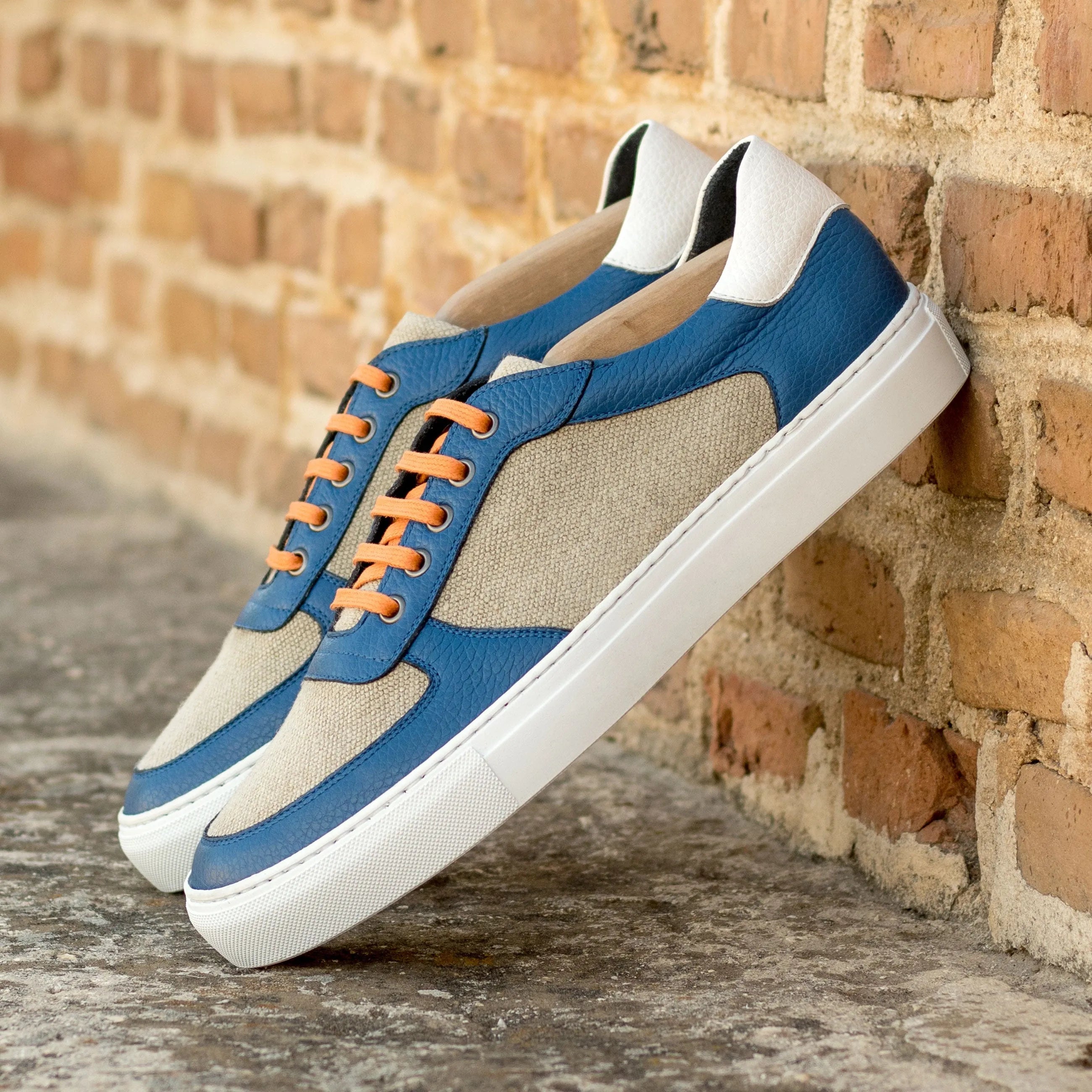 Talu Low luxury bespoke sneakers in blue beige with orange laces