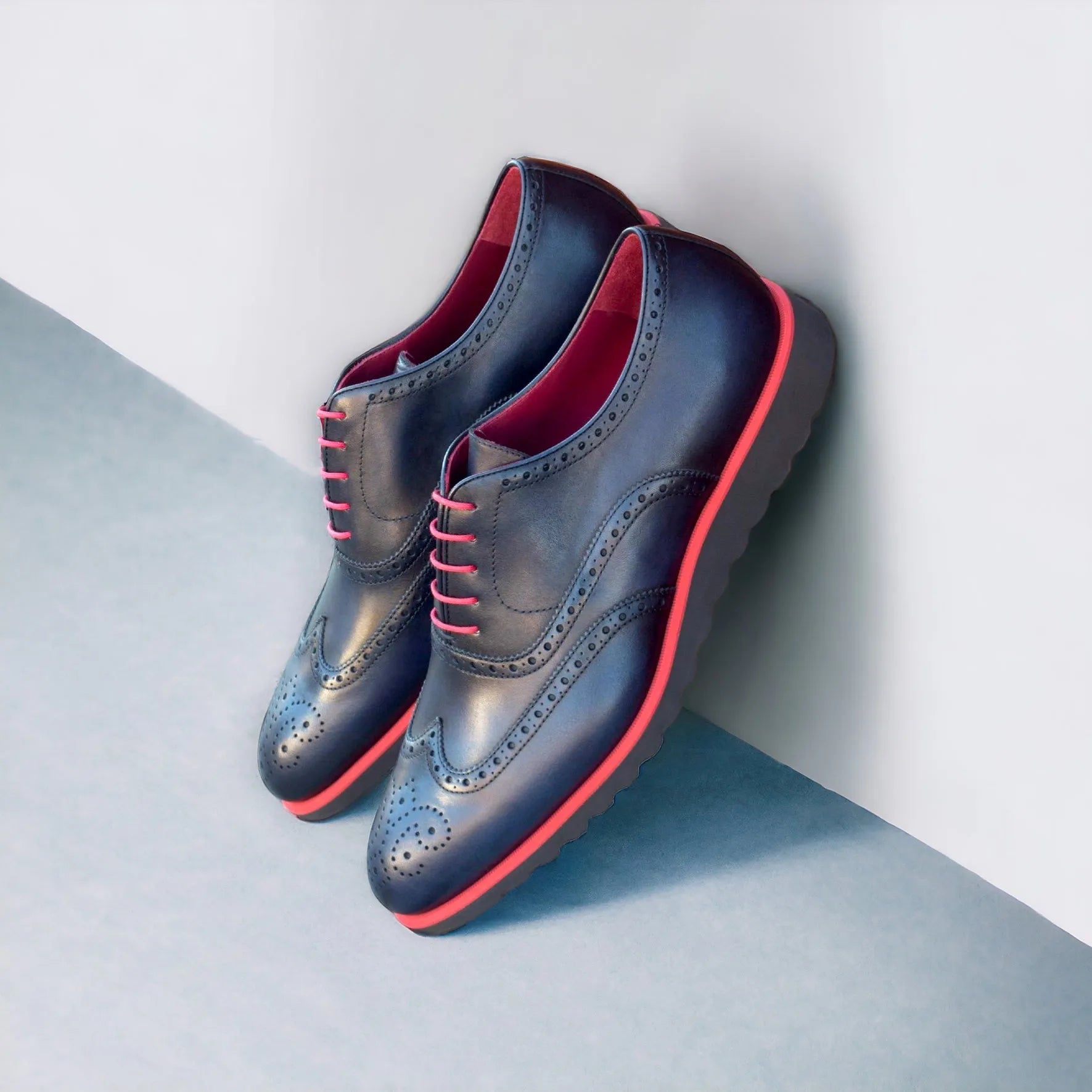 Taycan full brogue shoes: stylish black leather dress shoes with pink accents