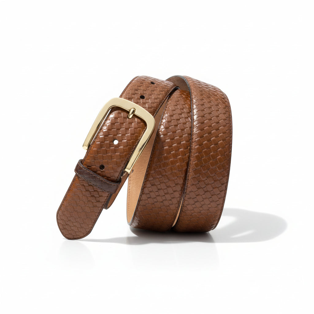 Textured Hampton Belt II in medium brown woven leather with silver buckle