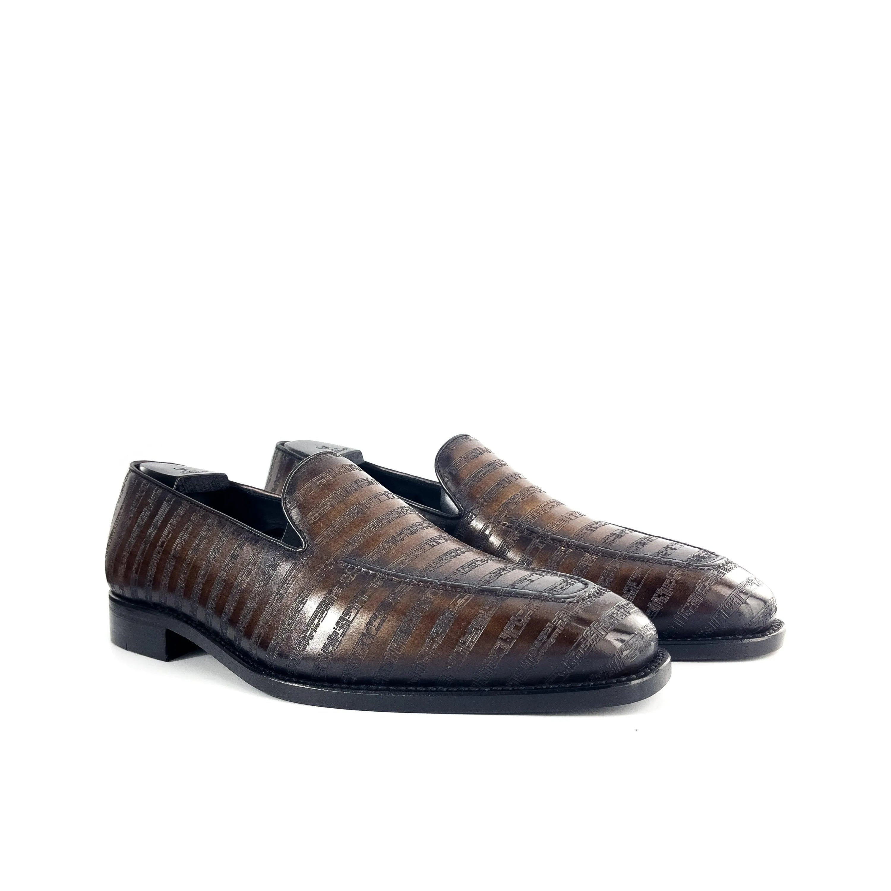 Striped brown Poet VIII Patina leather loafers with papiro patina