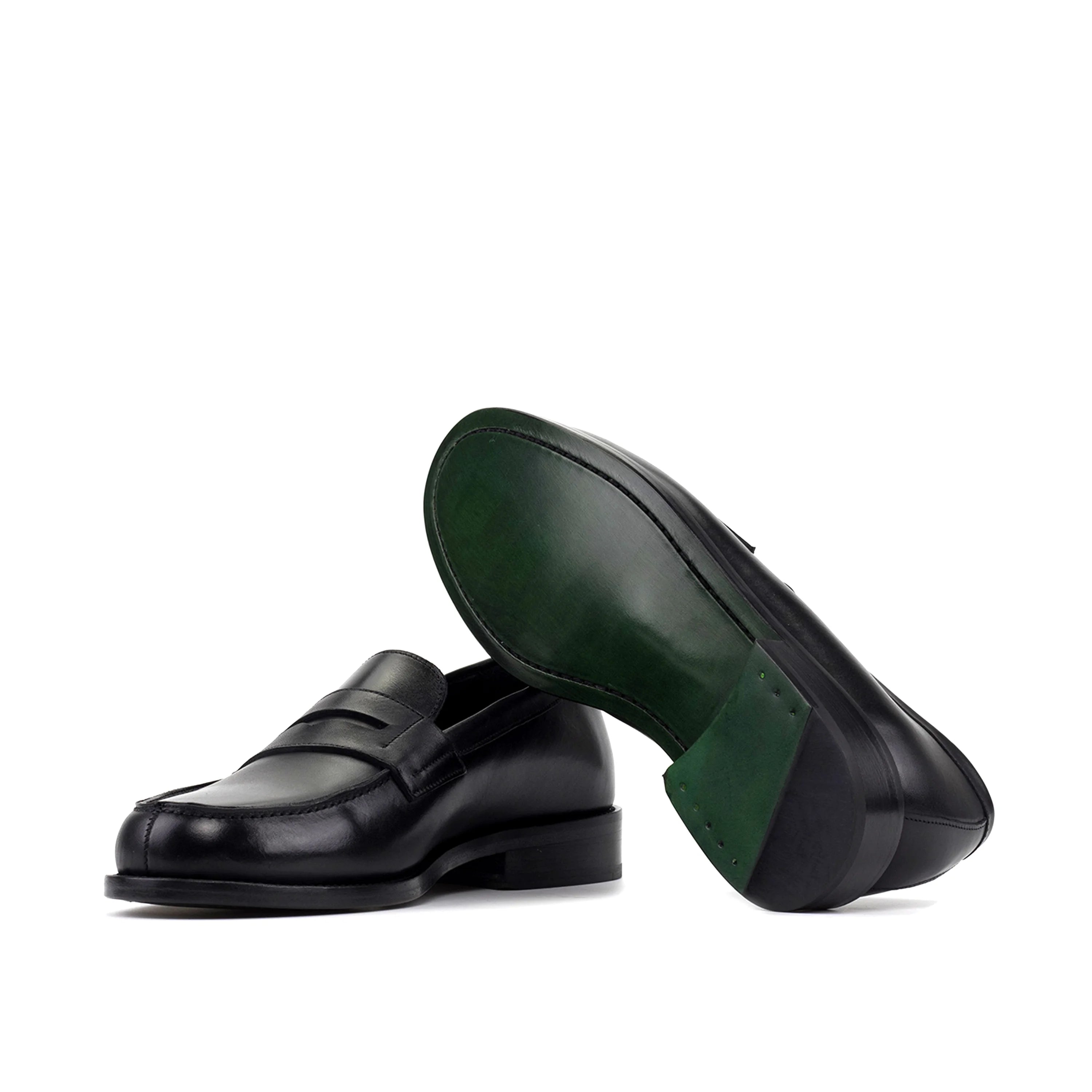 TuesdayOne penny loafers II in black calf leather with glossy finish and green soles