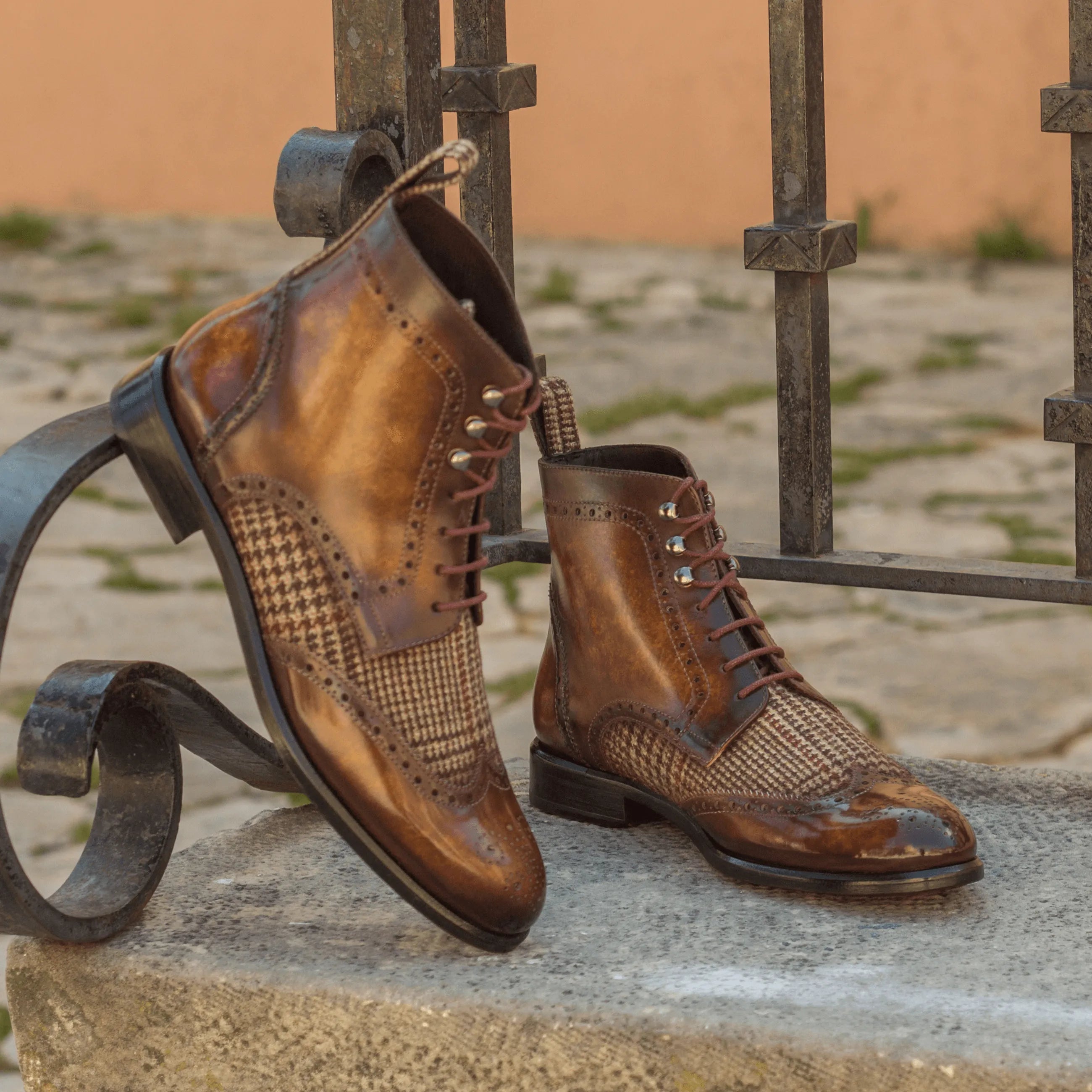 Victoria ladies military brogue II brown leather tweed boots