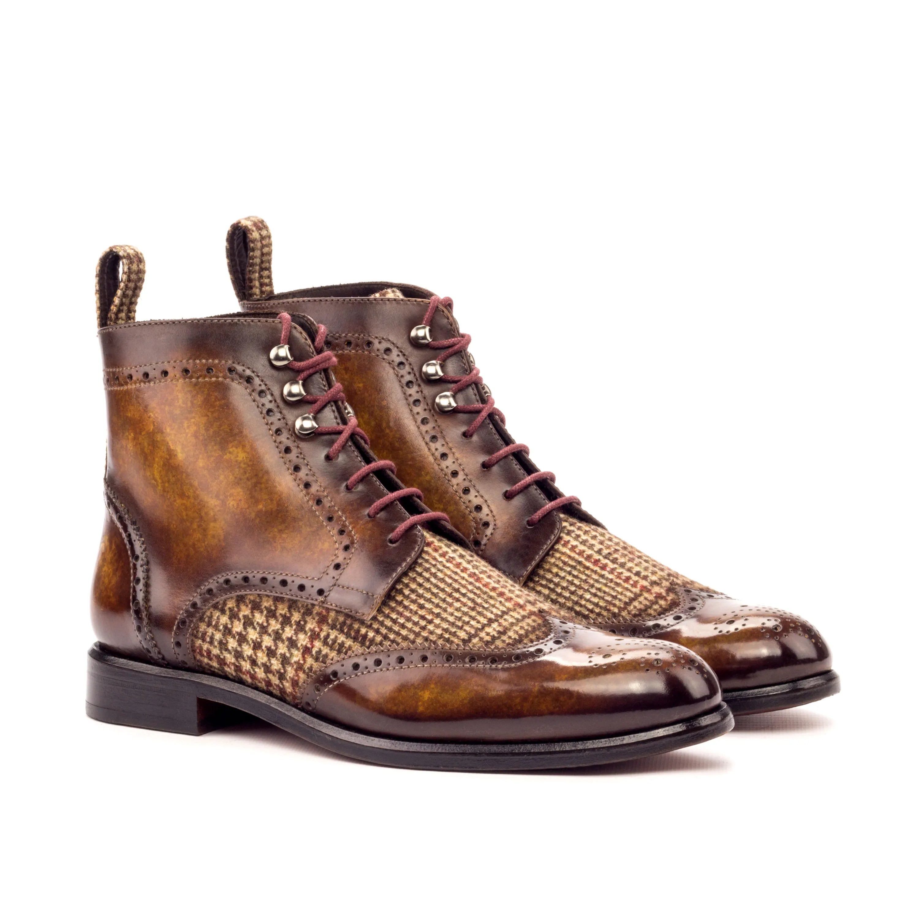 Victoria ladies military brogue brown leather and tweed boots